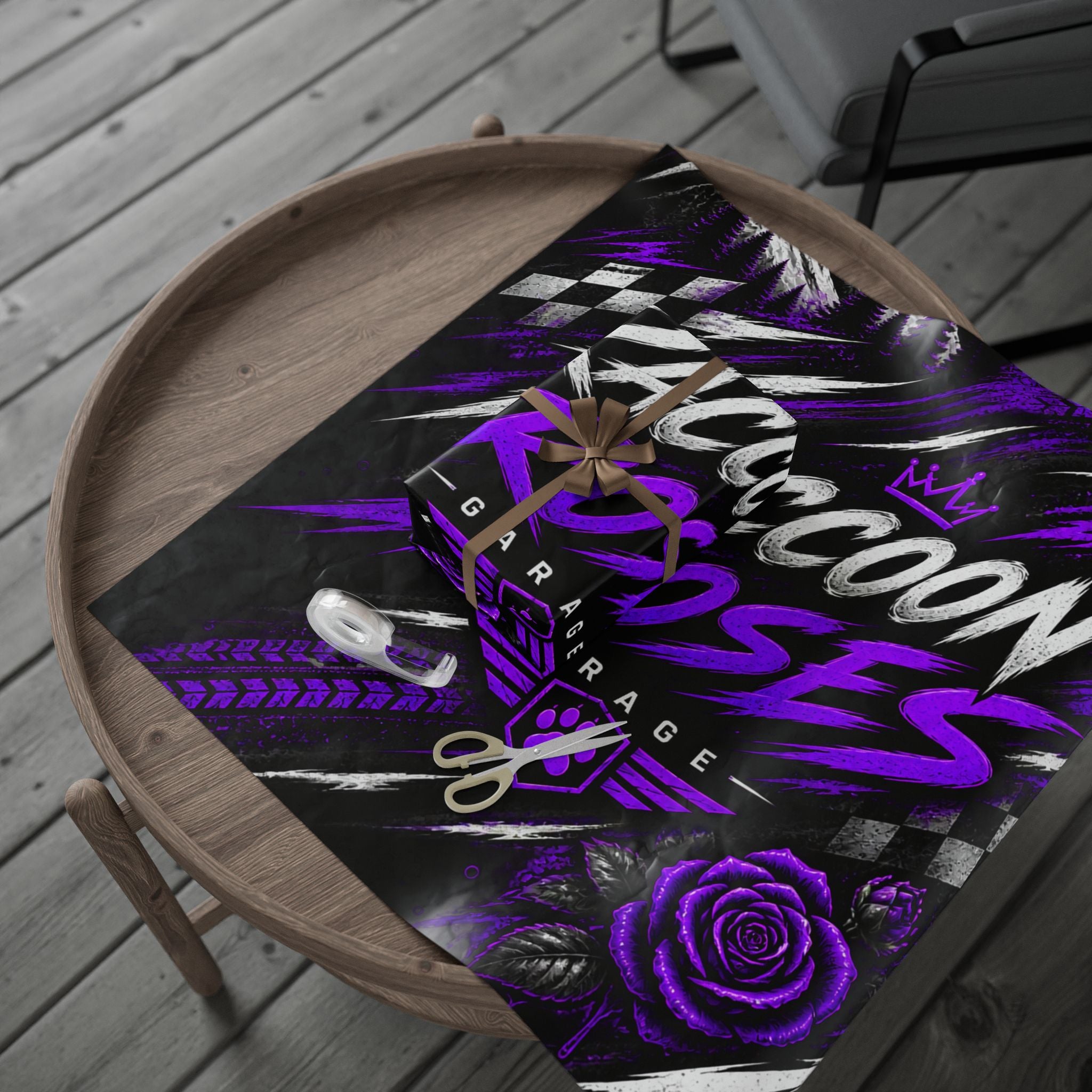Wrapping Paper — Raccoon Roses Garage Purple Racing Design