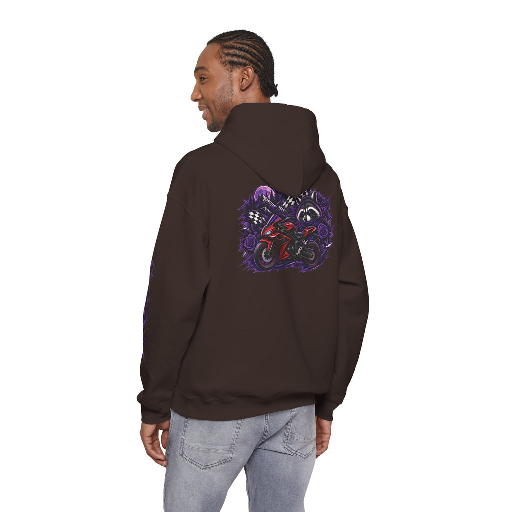 Raccoon Roadsters Motorcycle Graphic Hoodie — Retro Purple Rider Sweatshirt