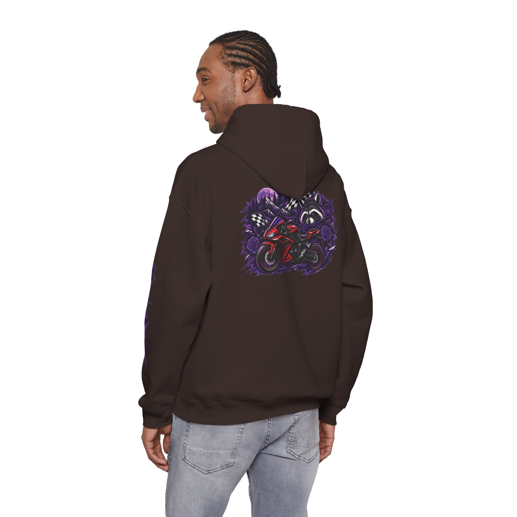 Raccoon Roadsters Motorcycle Graphic Hoodie — Retro Purple Rider Sweatshirt