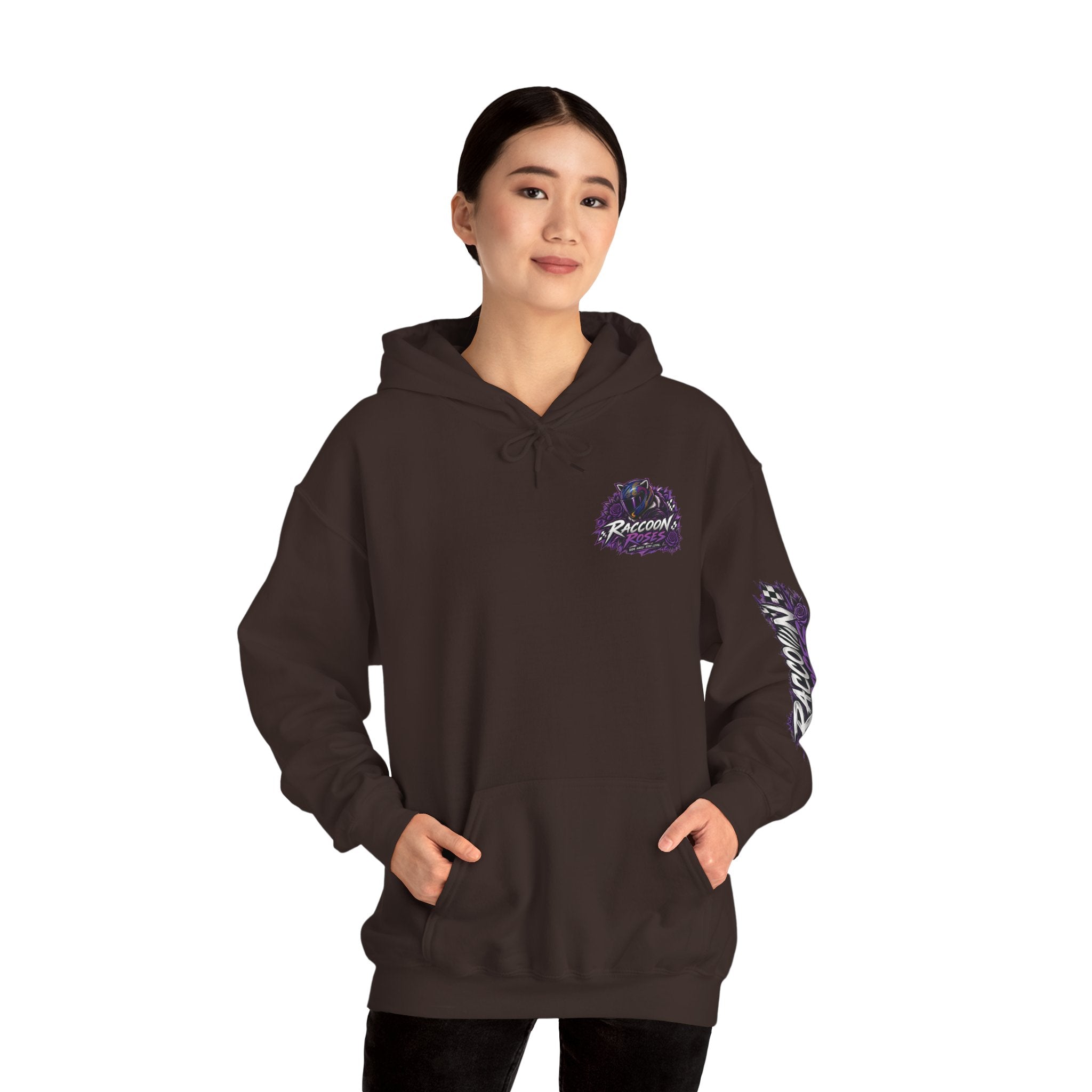 Raccoon Roadsters Motorcycle Graphic Hoodie — Retro Purple Rider Sweatshirt