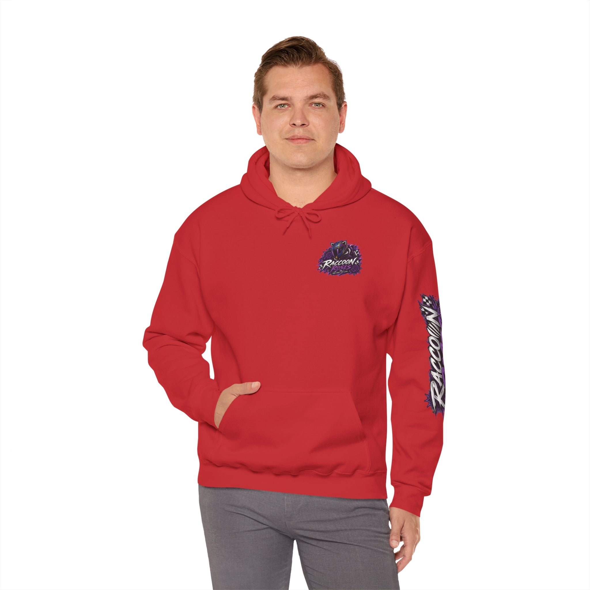 Raccoon Roadsters Motorcycle Graphic Hoodie — Retro Purple Rider Sweatshirt