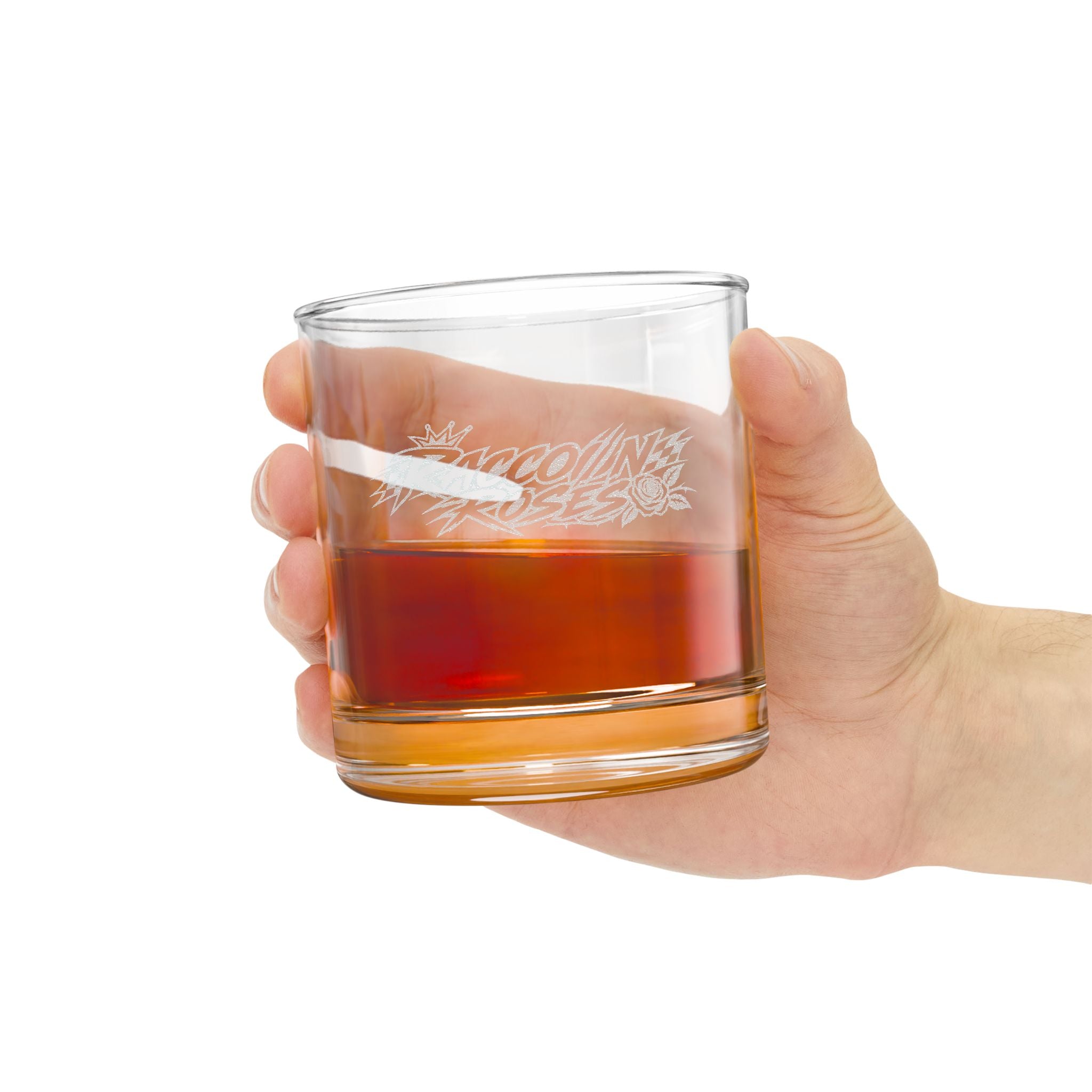 Engraved Whiskey Glass 10.5oz — 'Raccooning Roses' Distressed Logo Rocks Glass
