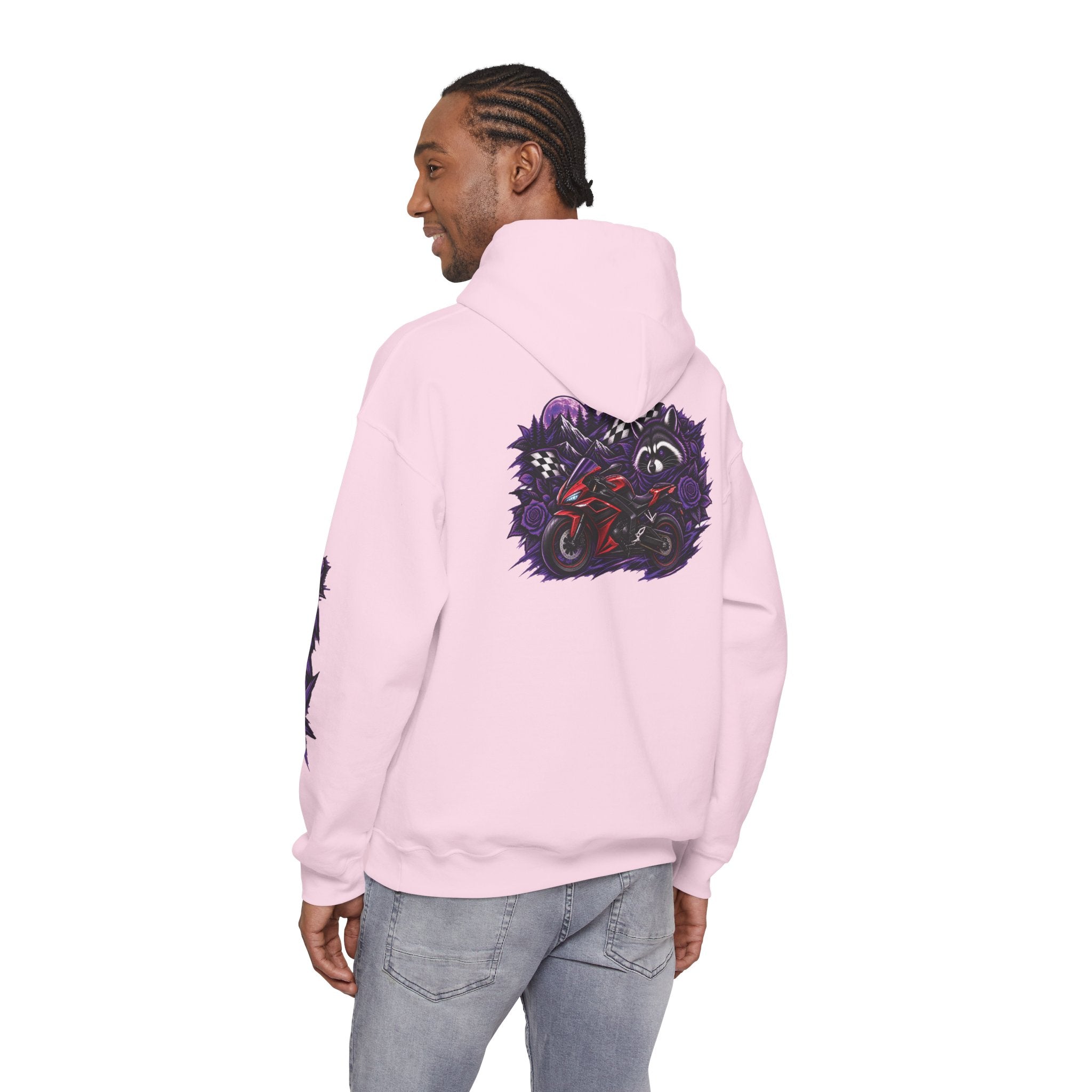 Raccoon Roadsters Motorcycle Graphic Hoodie — Retro Purple Rider Sweatshirt