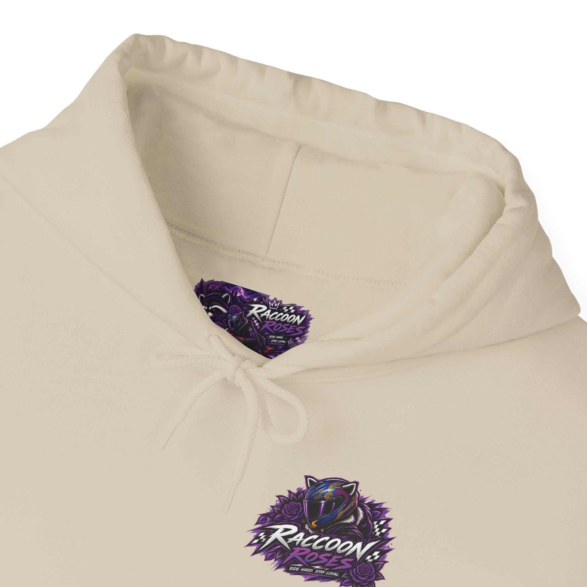 Raccoon Roadsters Motorcycle Graphic Hoodie — Retro Purple Rider Sweatshirt
