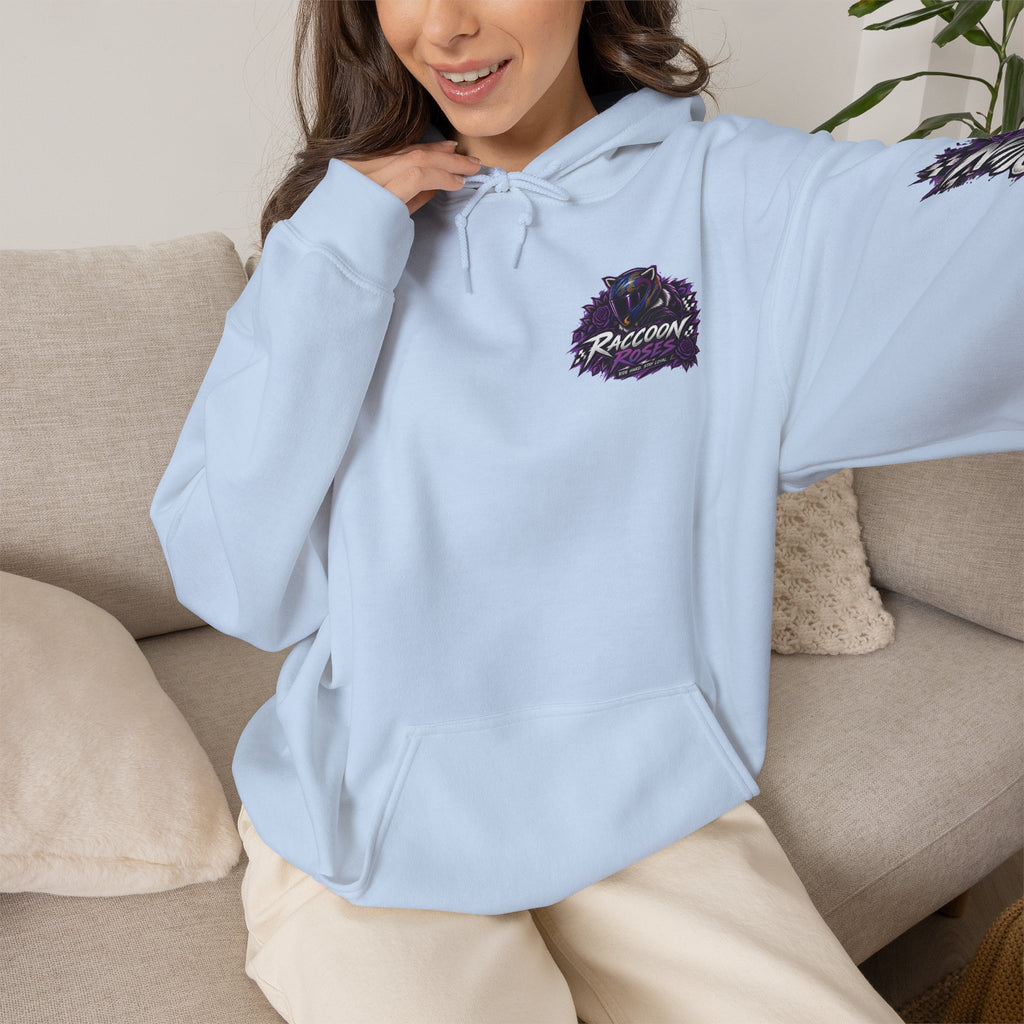 Raccoon Roadsters Motorcycle Graphic Hoodie — Retro Purple Rider Sweatshirt