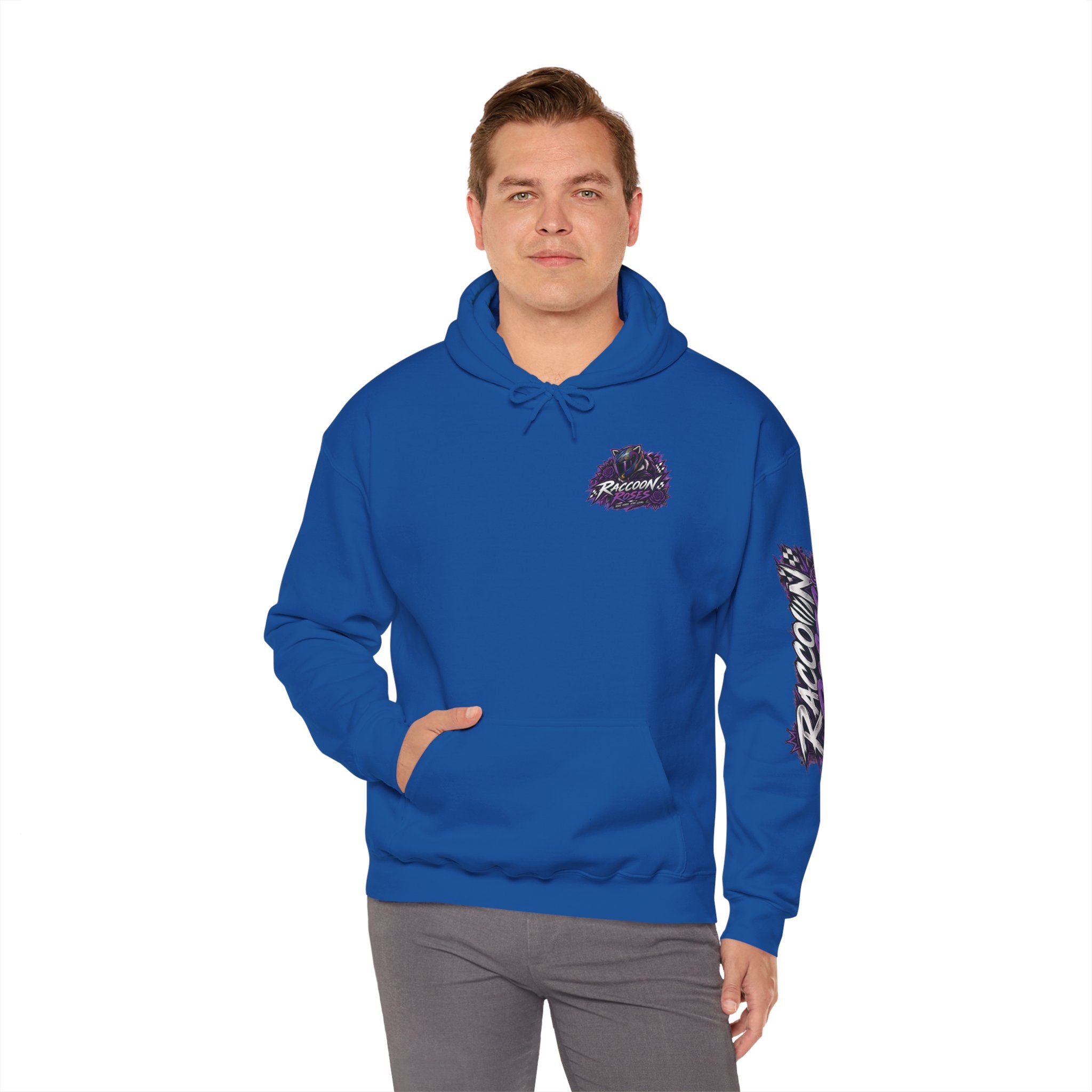 Raccoon Roadsters Motorcycle Graphic Hoodie — Retro Purple Rider Sweatshirt