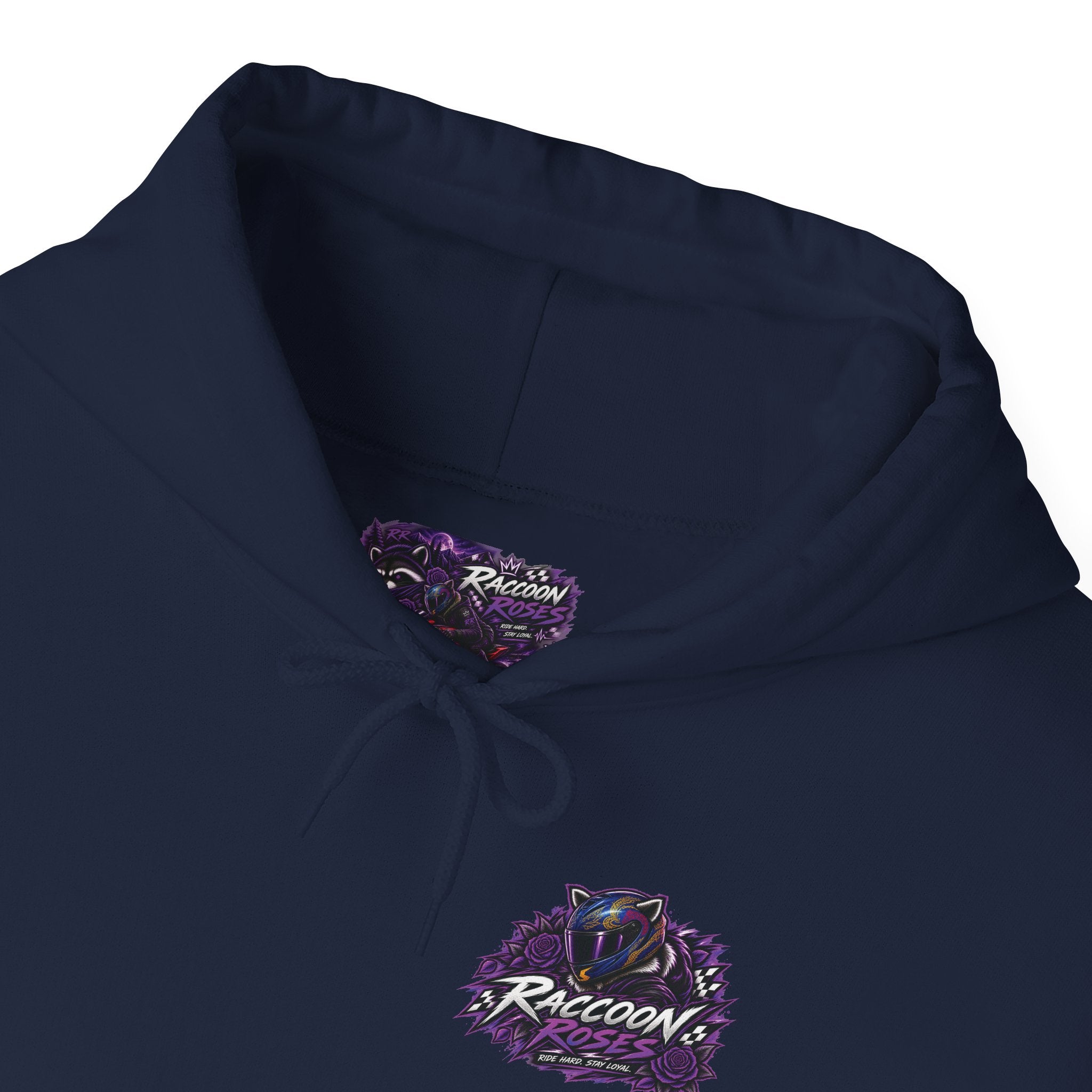 Raccoon Roadsters Motorcycle Graphic Hoodie — Retro Purple Rider Sweatshirt