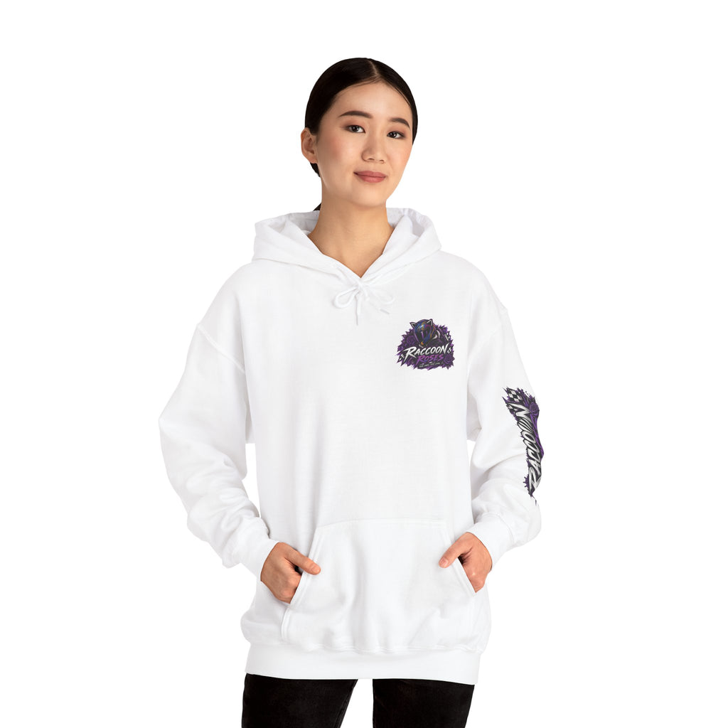 Raccoon Roadsters Motorcycle Graphic Hoodie — Retro Purple Rider Sweatshirt