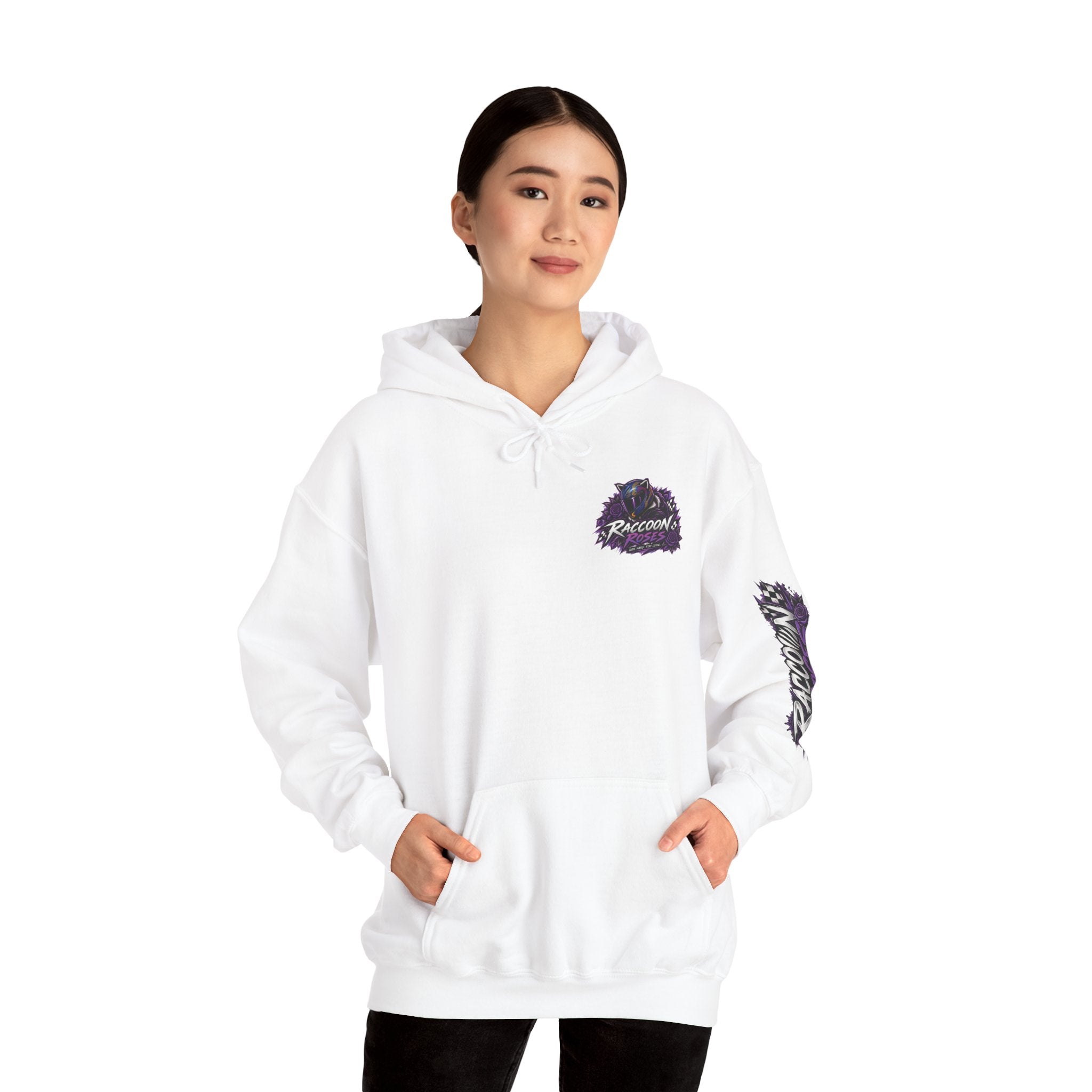 Raccoon Roadsters Motorcycle Graphic Hoodie — Retro Purple Rider Sweatshirt