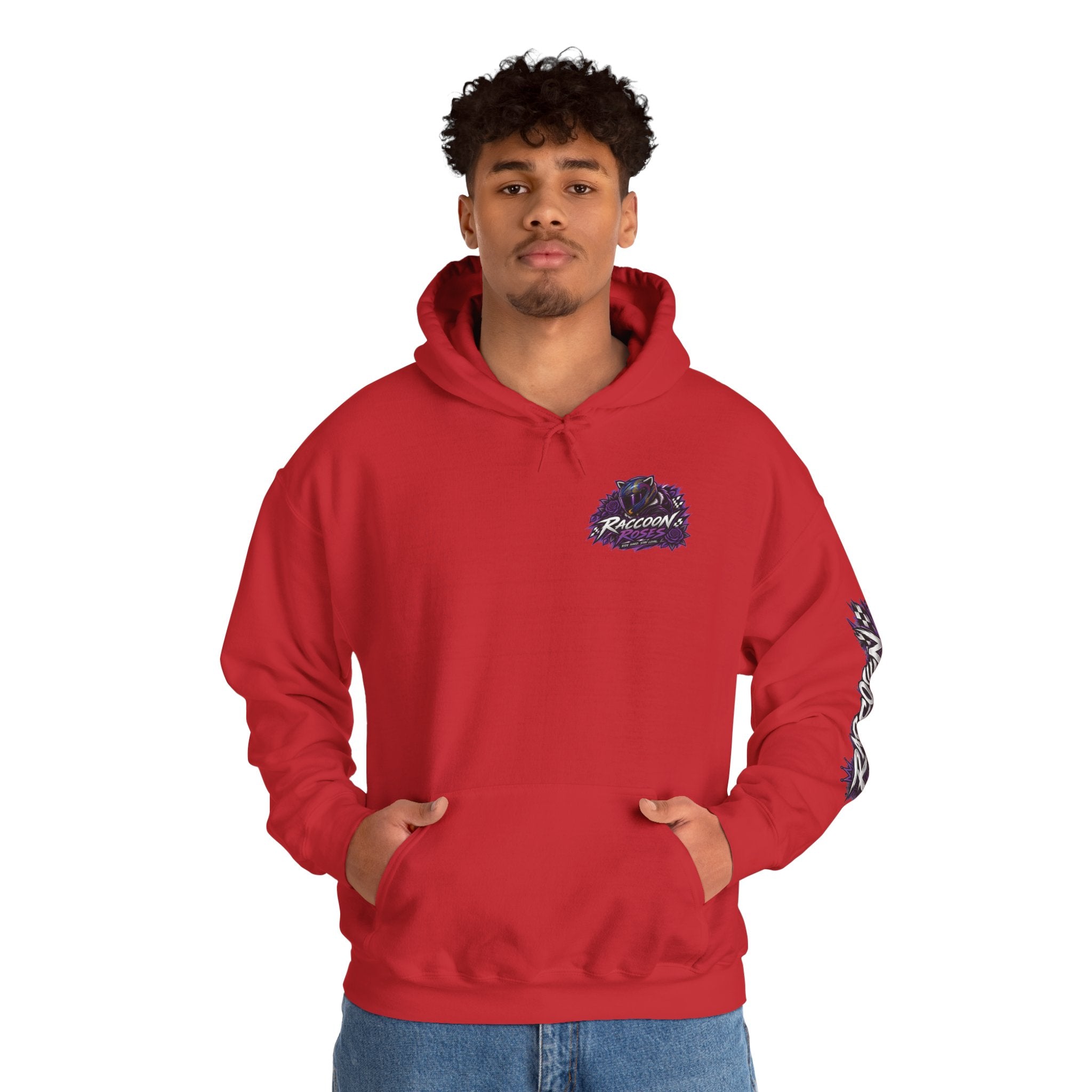 Raccoon Roadsters Motorcycle Graphic Hoodie — Retro Purple Rider Sweatshirt