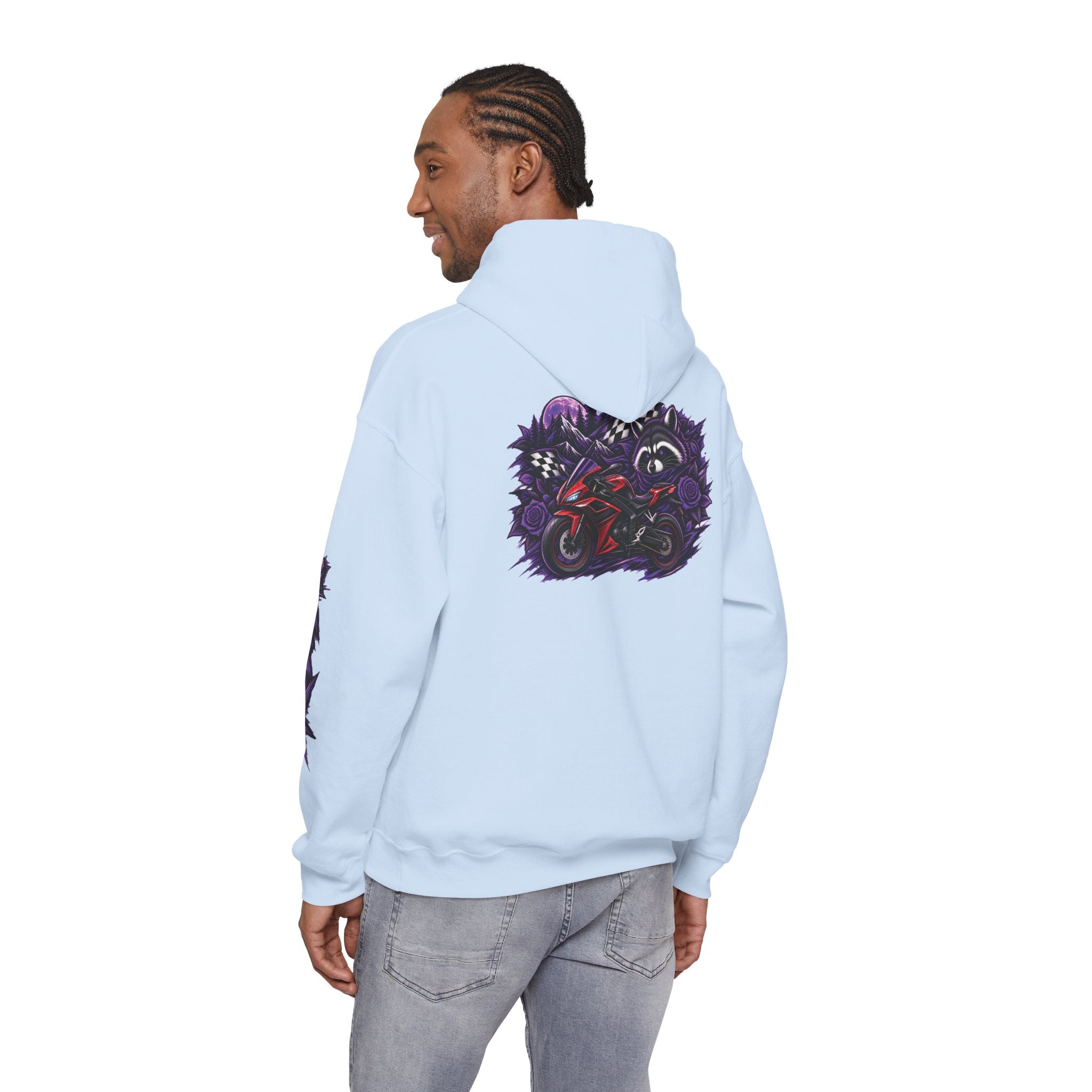Raccoon Roadsters Motorcycle Graphic Hoodie — Retro Purple Rider Sweatshirt