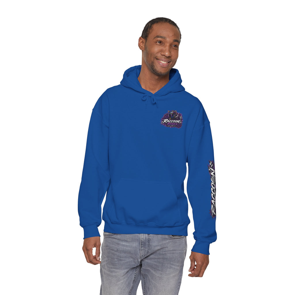 Raccoon Roadsters Motorcycle Graphic Hoodie — Retro Purple Rider Sweatshirt