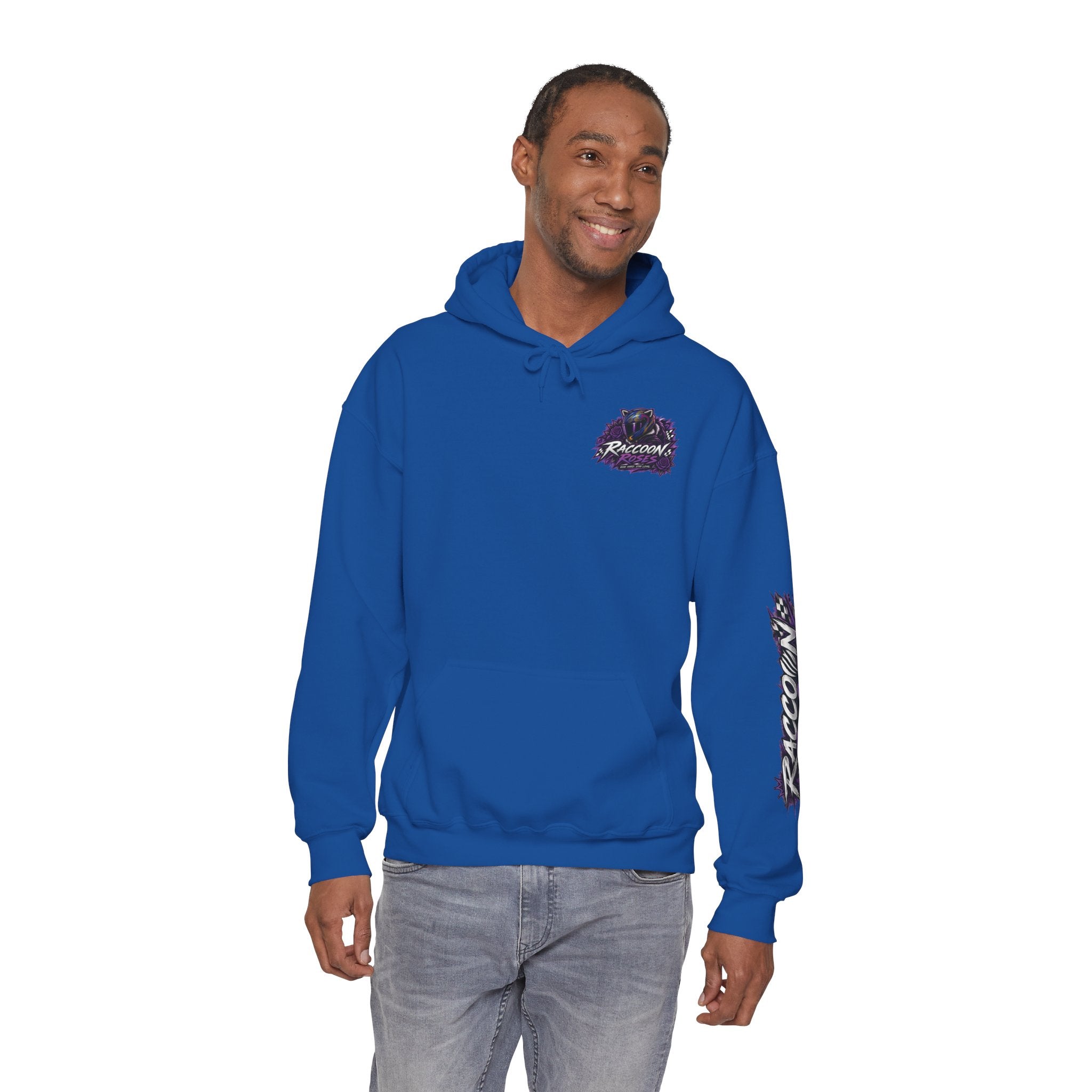 Raccoon Roadsters Motorcycle Graphic Hoodie — Retro Purple Rider Sweatshirt
