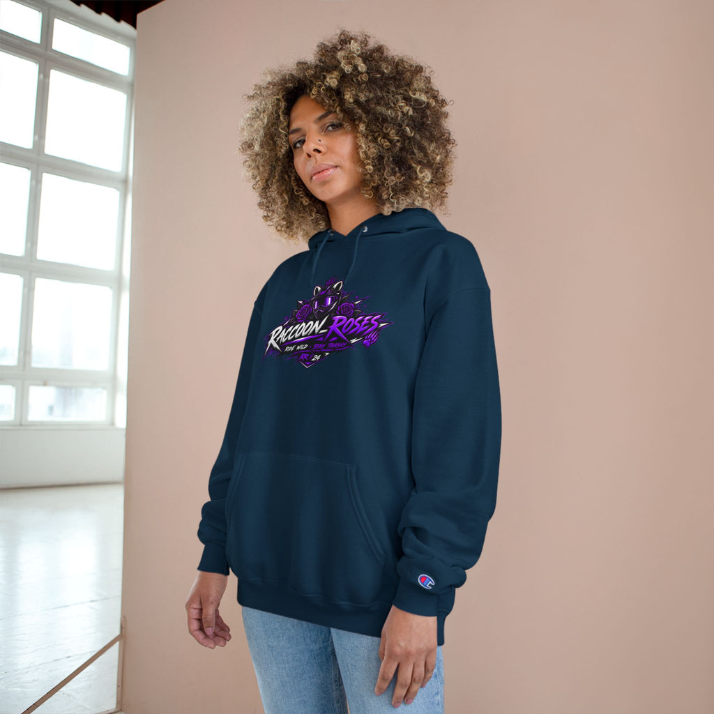 Raccoon Roses Hoodie — Bold Purple Graphic Streetwear Champion Hoodie