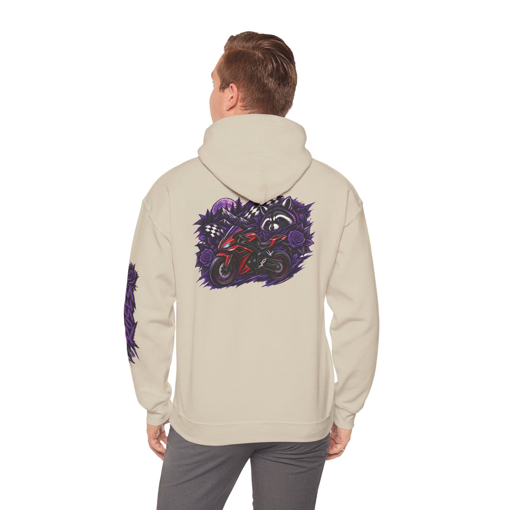 Raccoon Roadsters Motorcycle Graphic Hoodie — Retro Purple Rider Sweatshirt