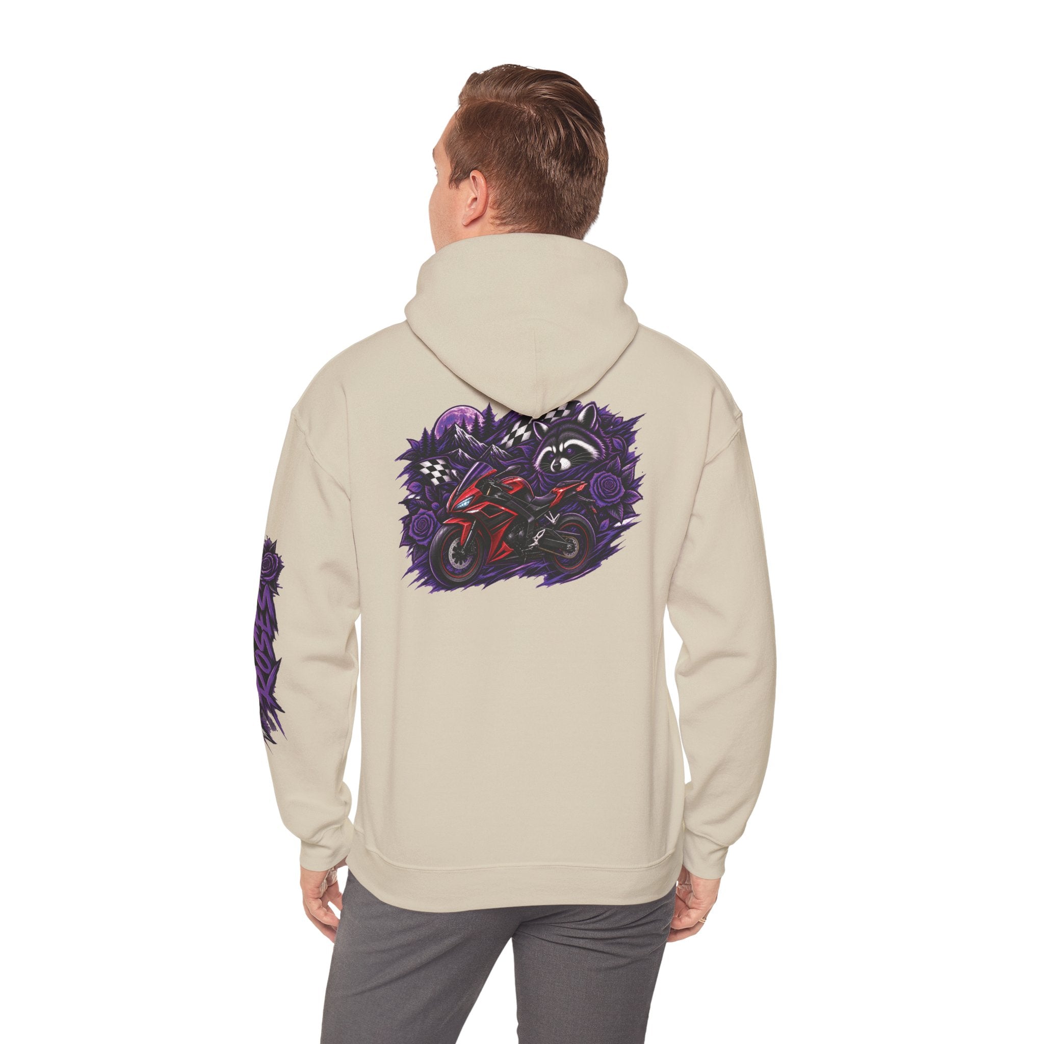 Raccoon Roadsters Motorcycle Graphic Hoodie — Retro Purple Rider Sweatshirt