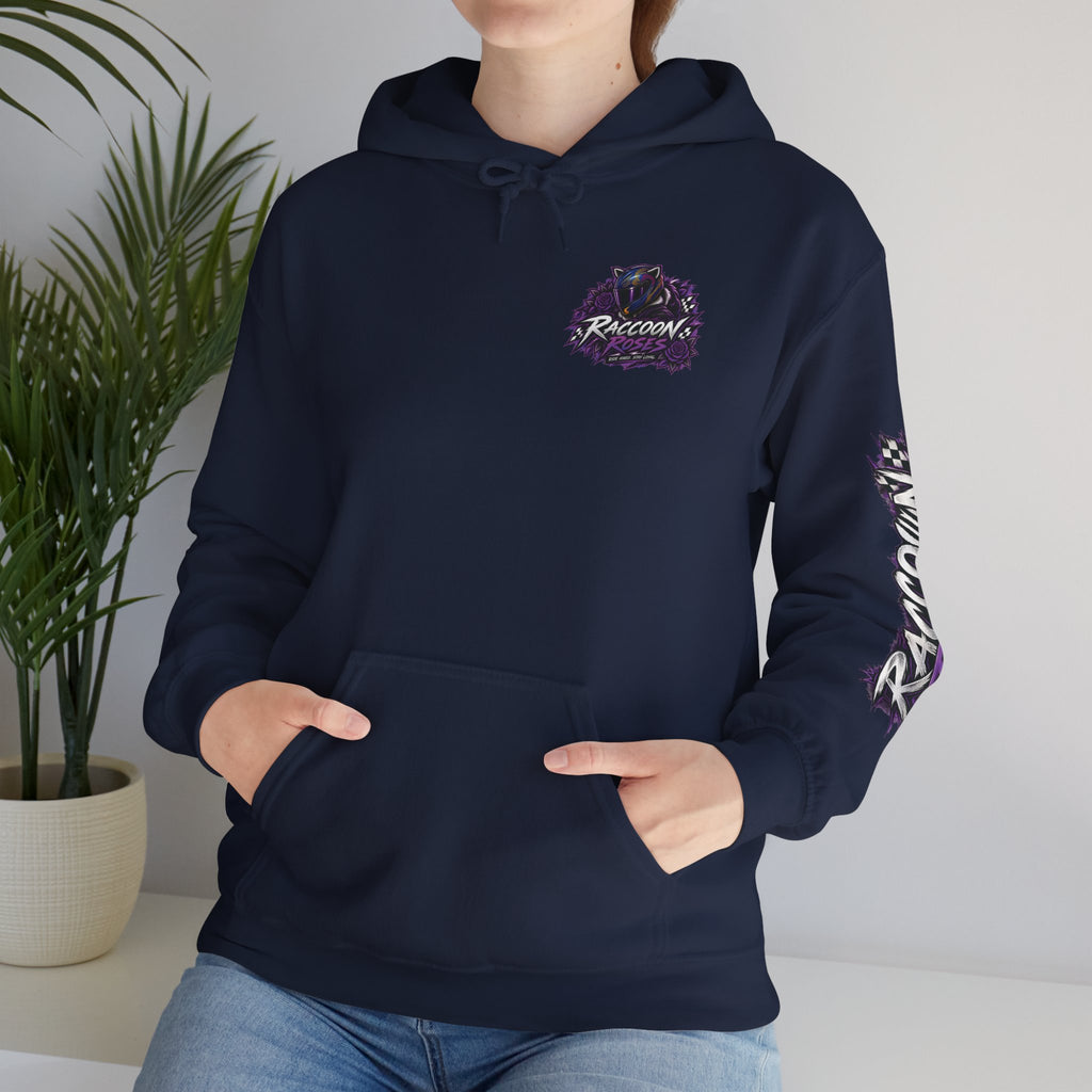Raccoon Roadsters Motorcycle Graphic Hoodie — Retro Purple Rider Sweatshirt
