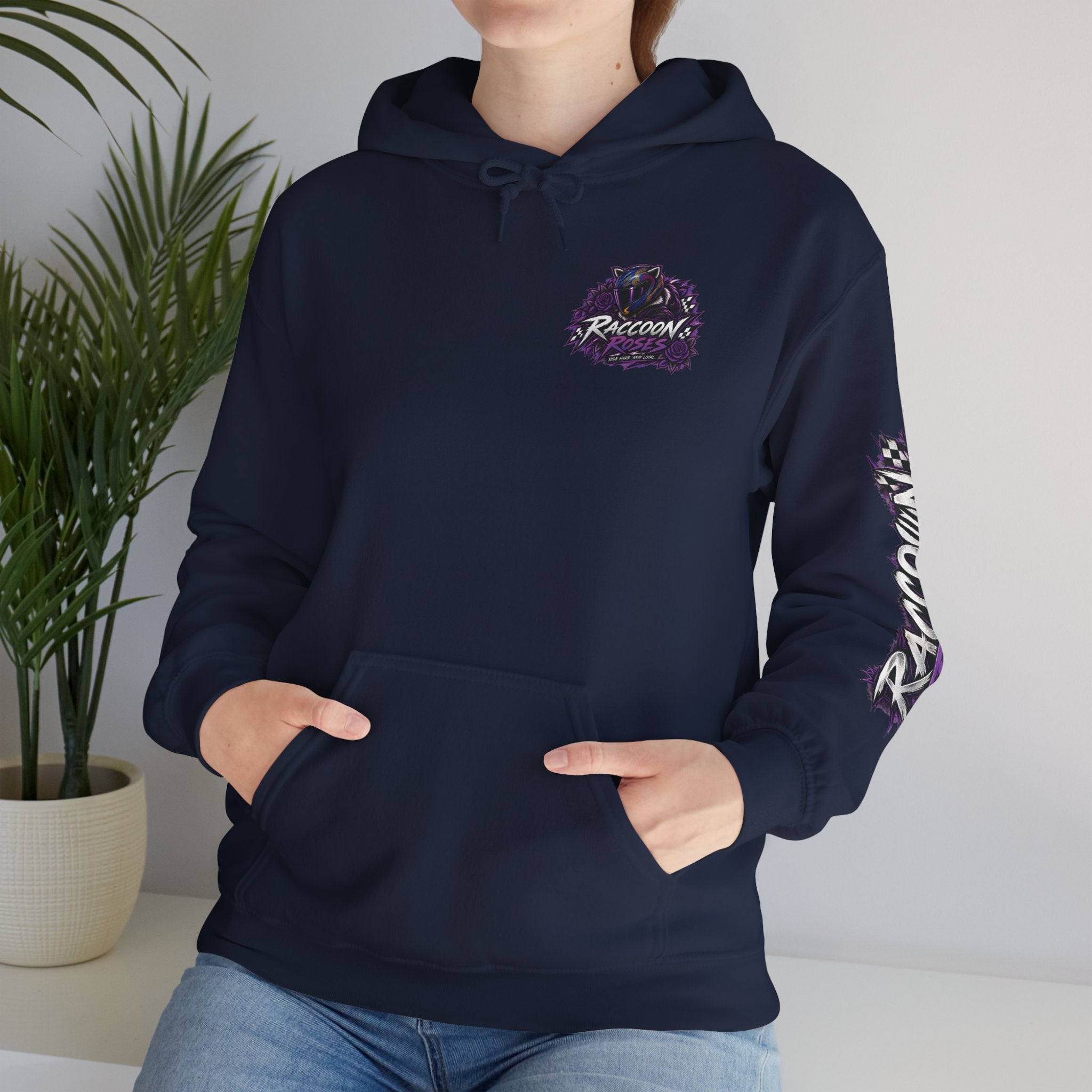 Raccoon Roadsters Motorcycle Graphic Hoodie — Retro Purple Rider Sweatshirt