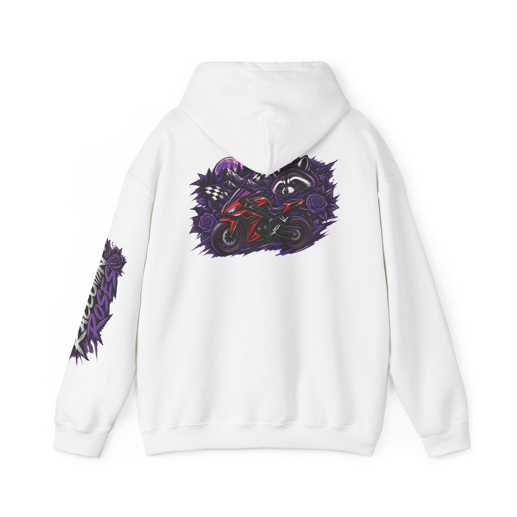 Raccoon Roadsters Motorcycle Graphic Hoodie — Retro Purple Rider Sweatshirt