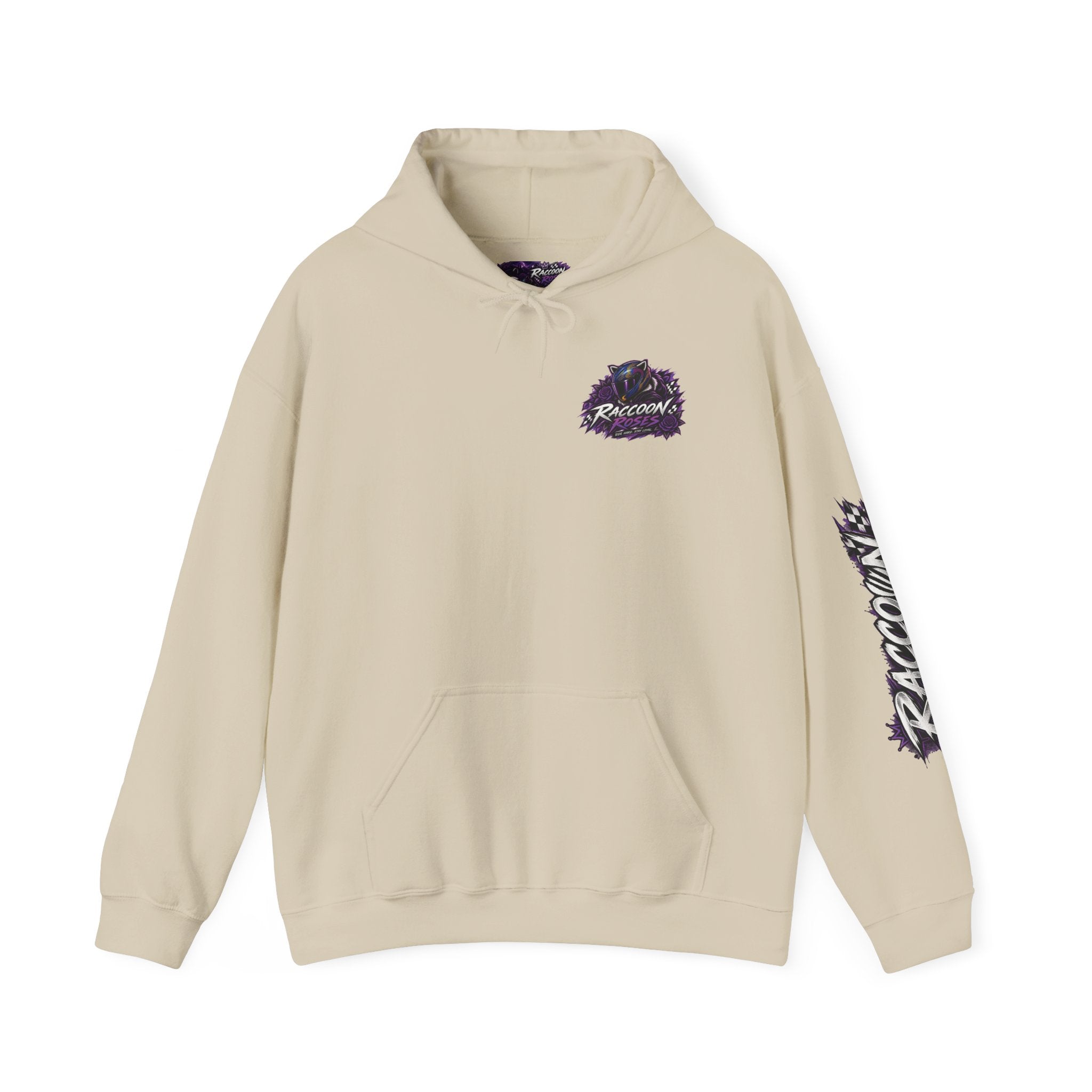 Raccoon Roadsters Motorcycle Graphic Hoodie — Retro Purple Rider Sweatshirt