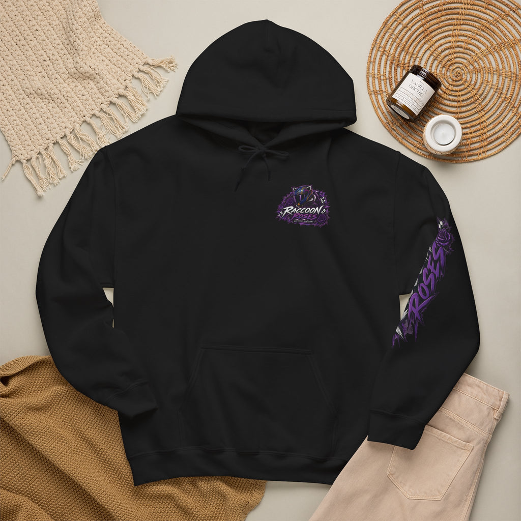Raccoon Roadsters Motorcycle Graphic Hoodie — Retro Purple Rider Sweatshirt
