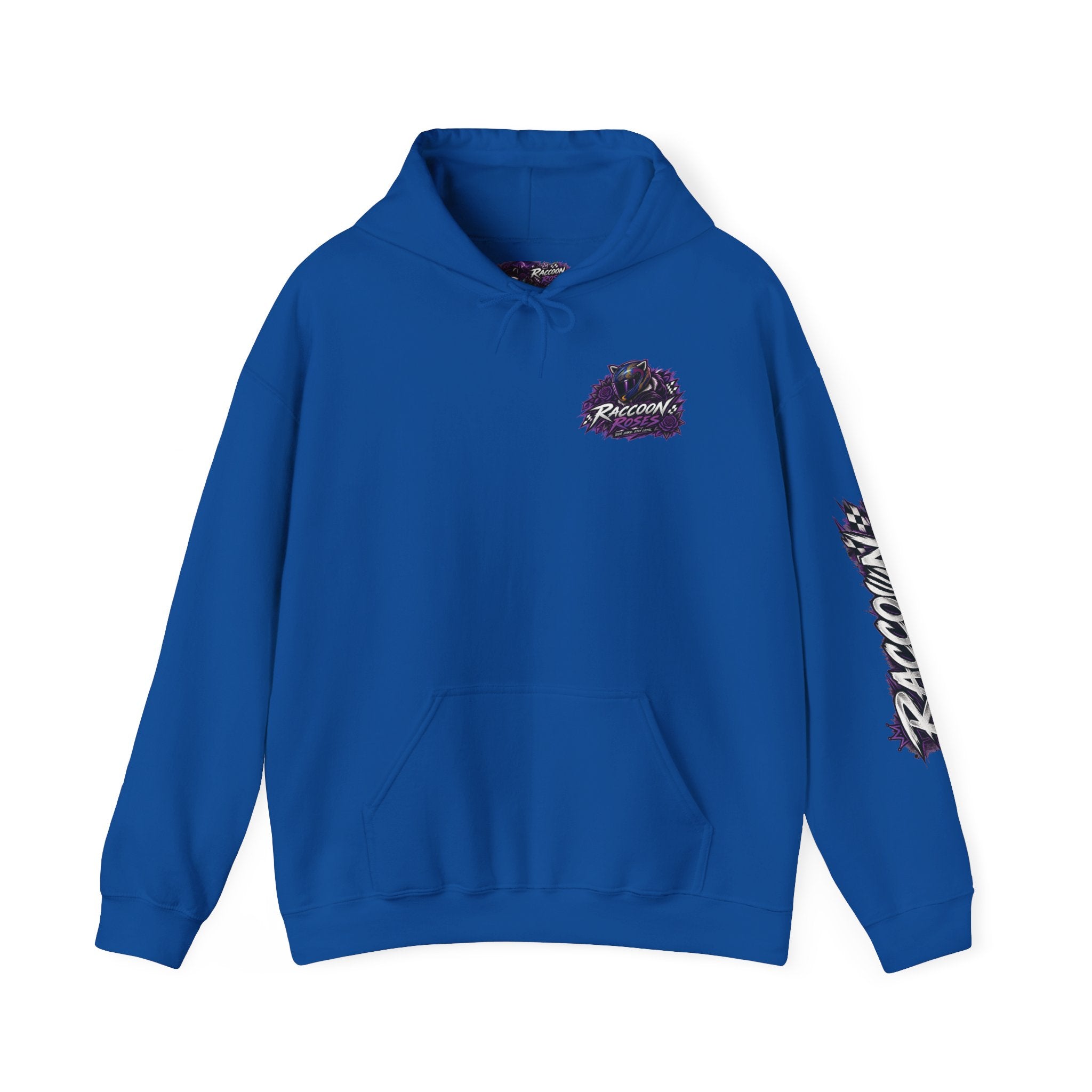 Raccoon Roadsters Motorcycle Graphic Hoodie — Retro Purple Rider Sweatshirt