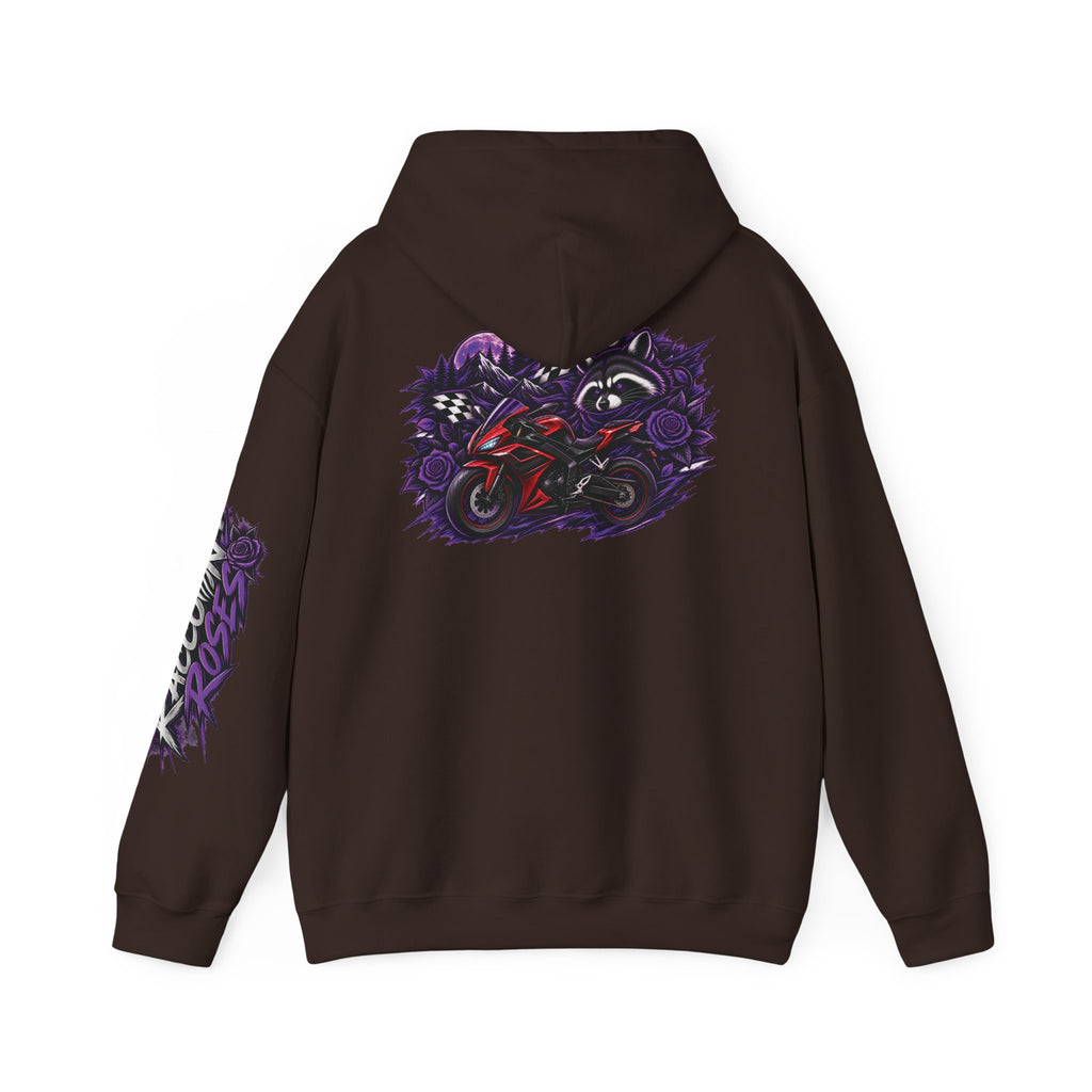 Raccoon Roadsters Motorcycle Graphic Hoodie — Retro Purple Rider Sweatshirt