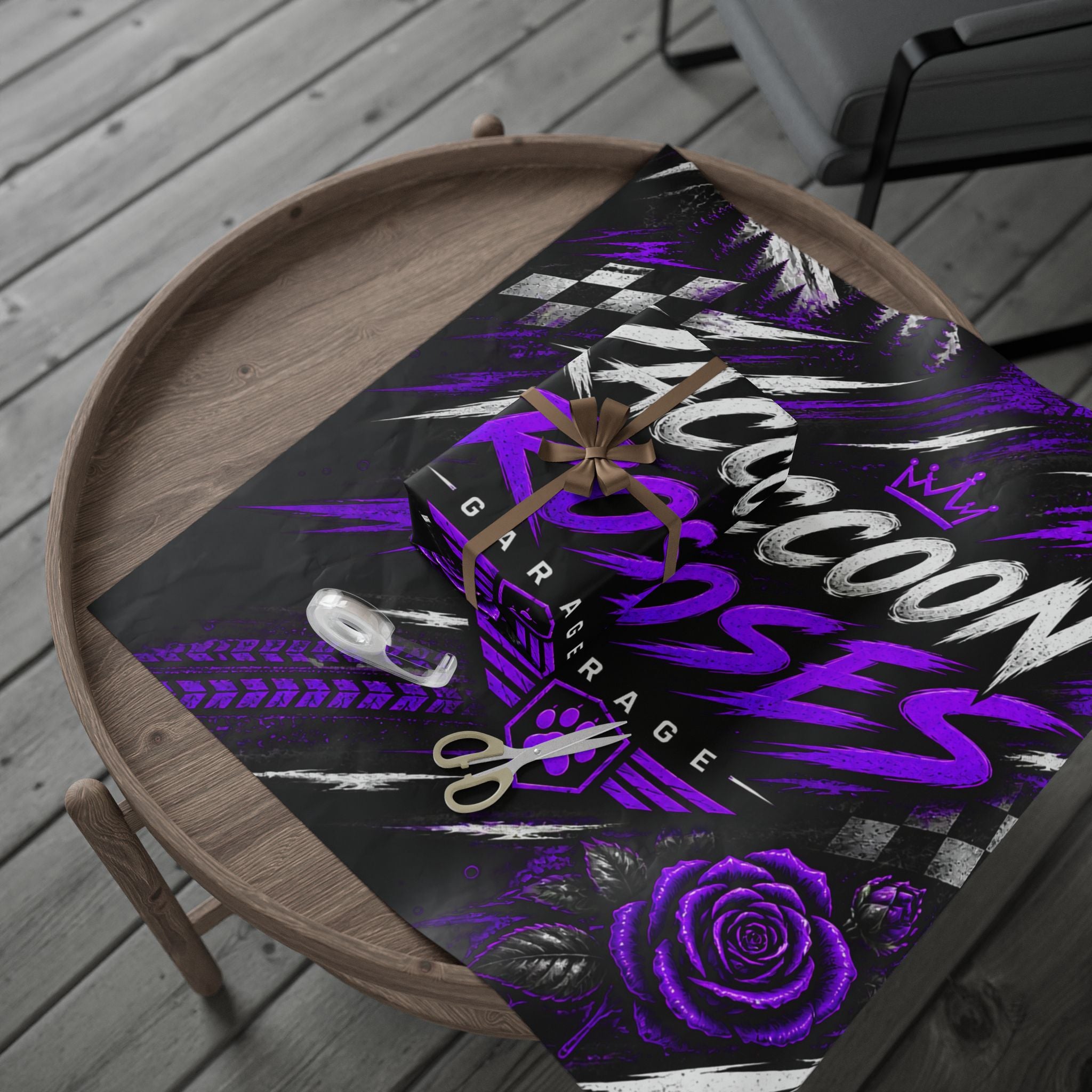 Wrapping Paper — Raccoon Roses Garage Purple Racing Design
