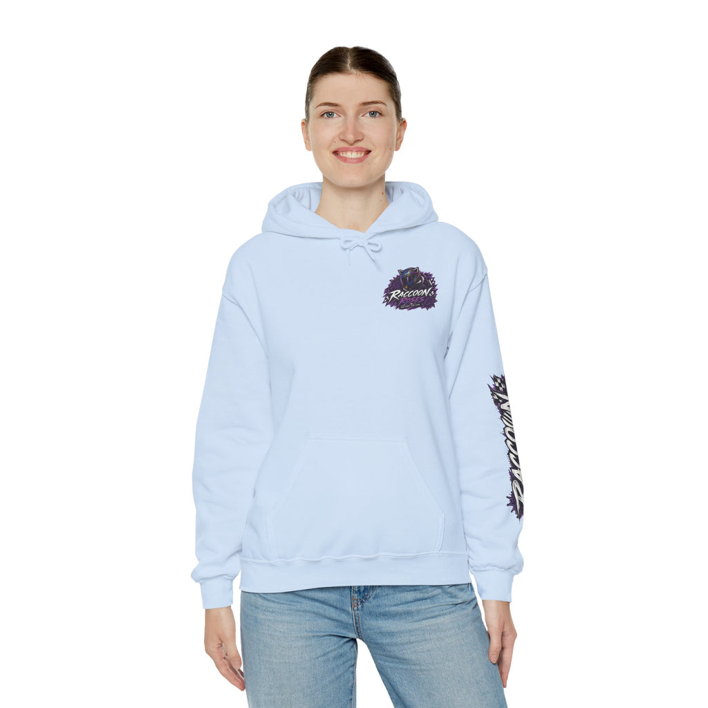 Raccoon Roadsters Motorcycle Graphic Hoodie — Retro Purple Rider Sweatshirt