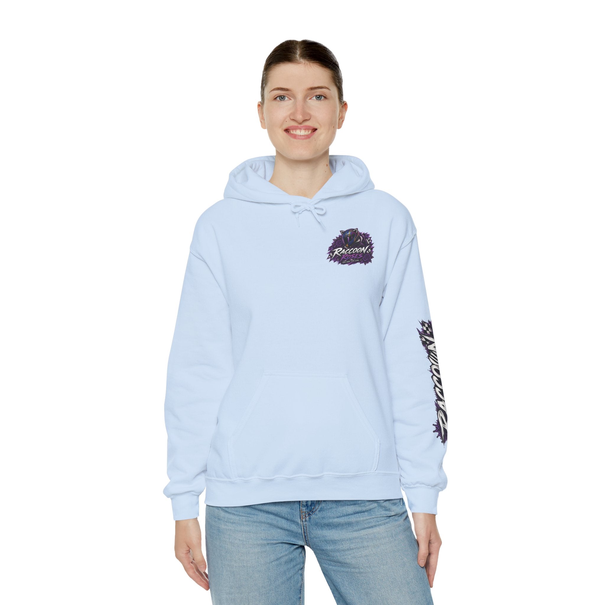 Raccoon Roadsters Motorcycle Graphic Hoodie — Retro Purple Rider Sweatshirt