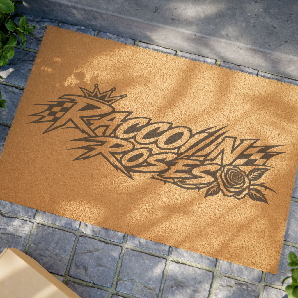 Raccoon Roses Doormat — Vintage Tattoo Script Welcome Mat
