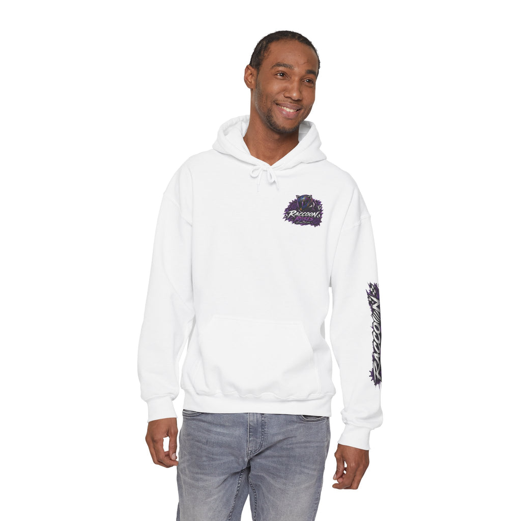 Raccoon Roadsters Motorcycle Graphic Hoodie — Retro Purple Rider Sweatshirt