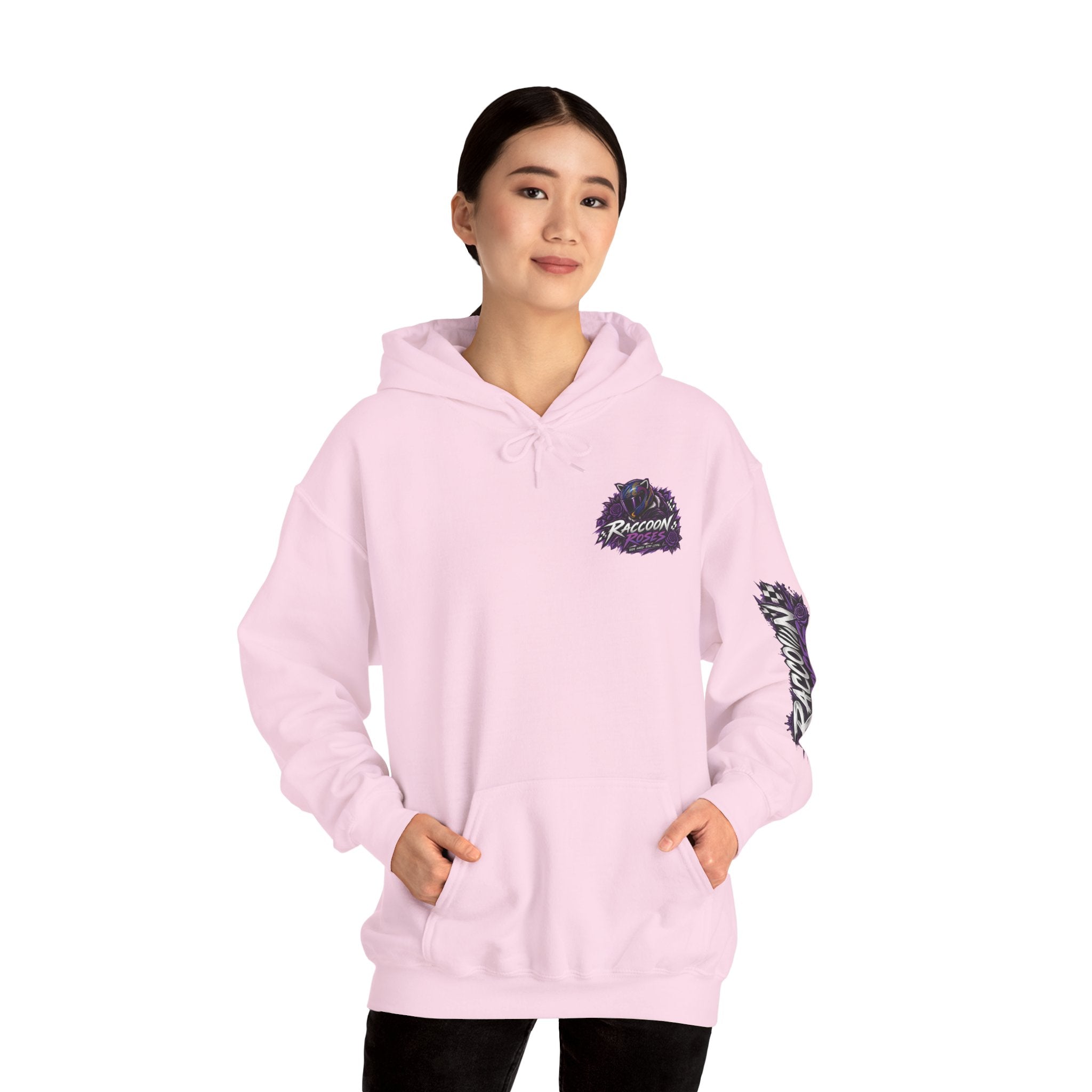 Raccoon Roadsters Motorcycle Graphic Hoodie — Retro Purple Rider Sweatshirt