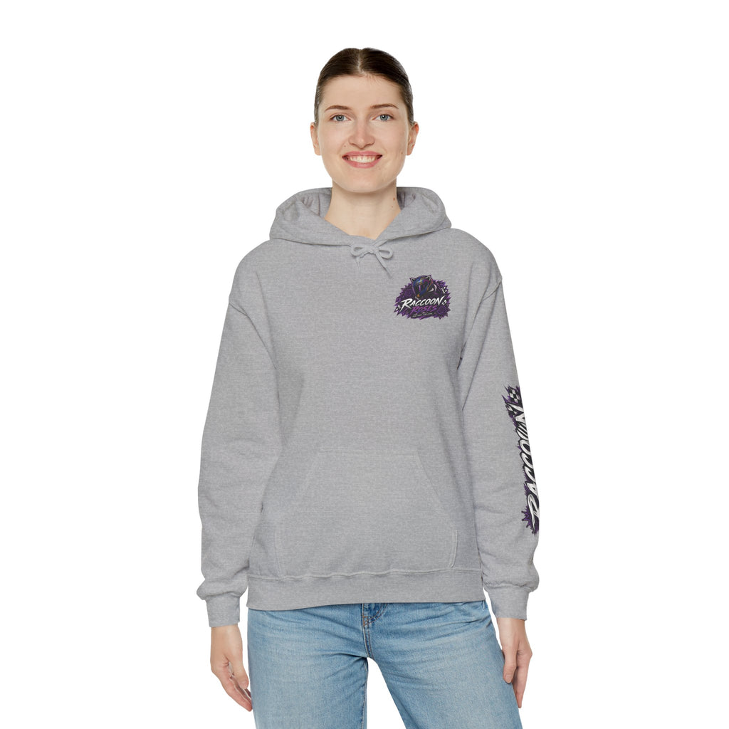 Raccoon Roadsters Motorcycle Graphic Hoodie — Retro Purple Rider Sweatshirt