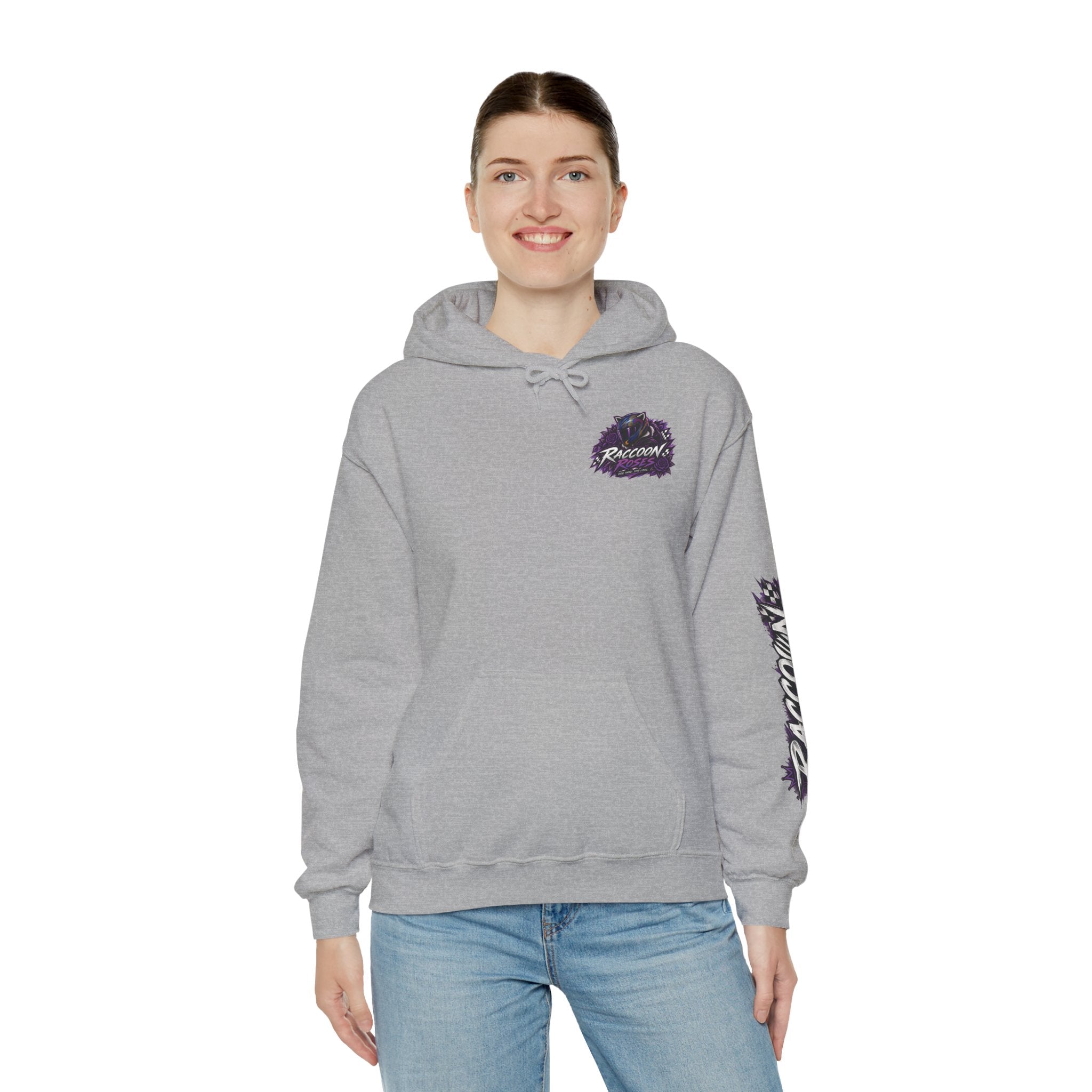 Raccoon Roadsters Motorcycle Graphic Hoodie — Retro Purple Rider Sweatshirt