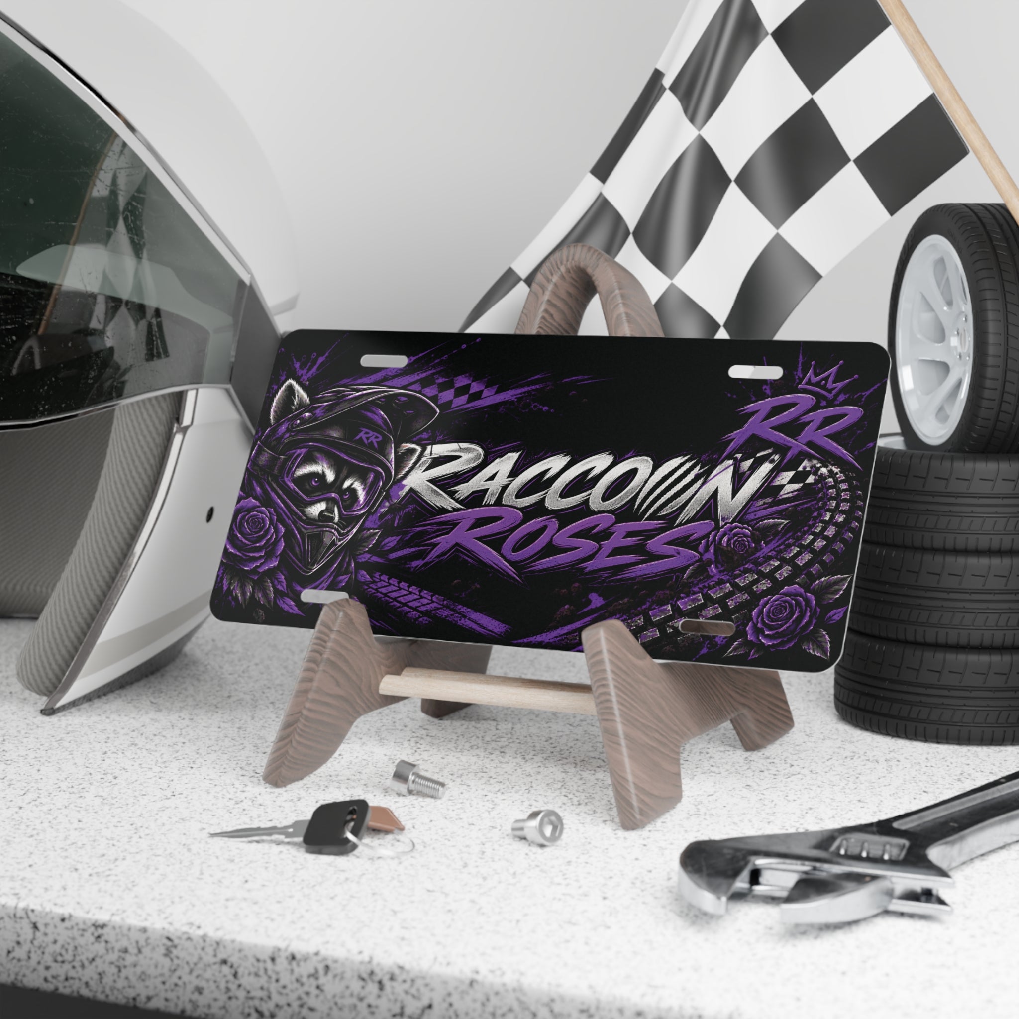 Raccoon Roses Purple Racing Vanity Plate