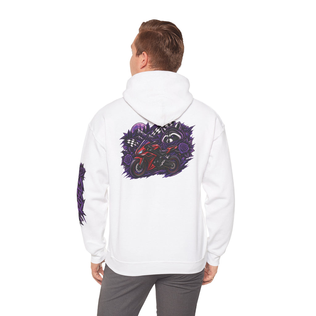 Raccoon Roadsters Motorcycle Graphic Hoodie — Retro Purple Rider Sweatshirt