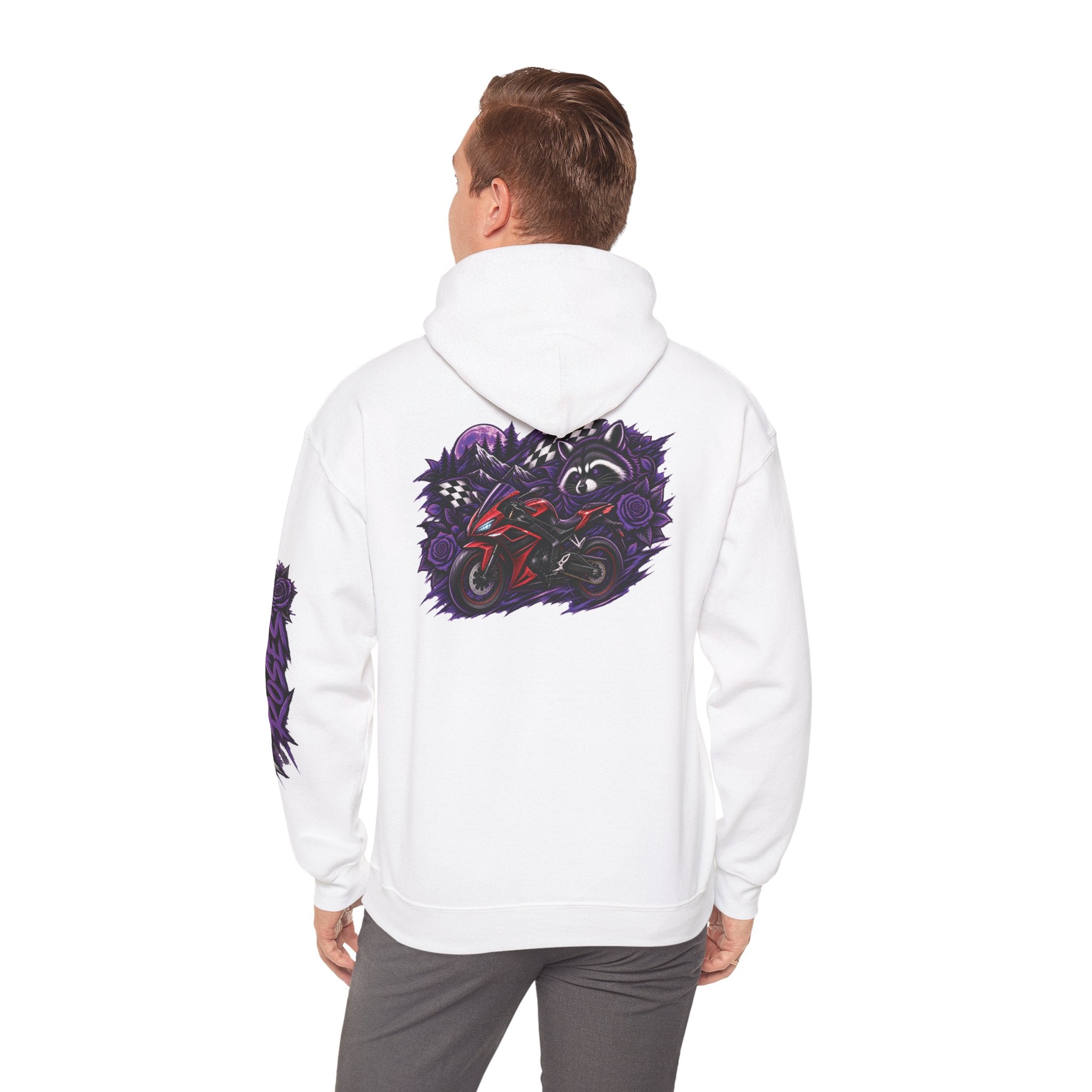 Raccoon Roadsters Motorcycle Graphic Hoodie — Retro Purple Rider Sweatshirt