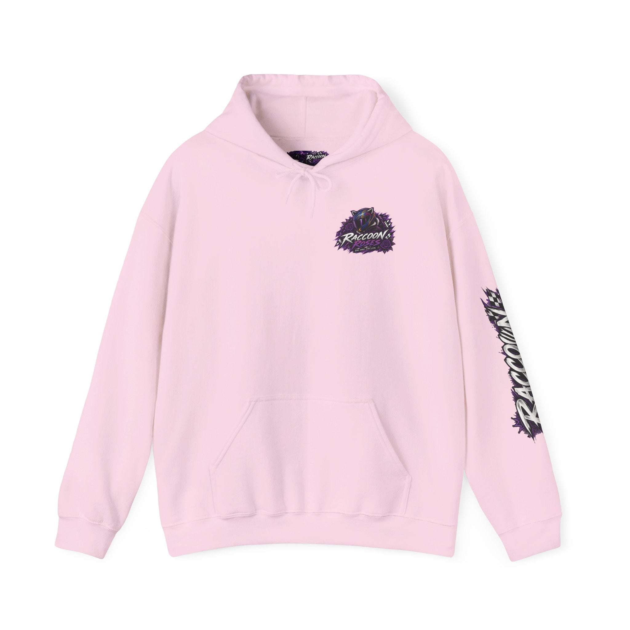 Raccoon Roadsters Motorcycle Graphic Hoodie — Retro Purple Rider Sweatshirt