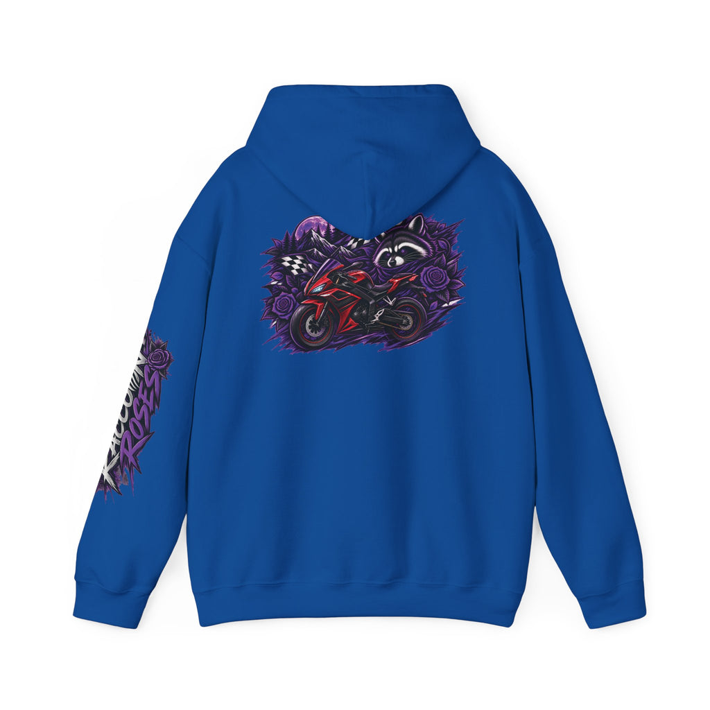 Raccoon Roadsters Motorcycle Graphic Hoodie — Retro Purple Rider Sweatshirt