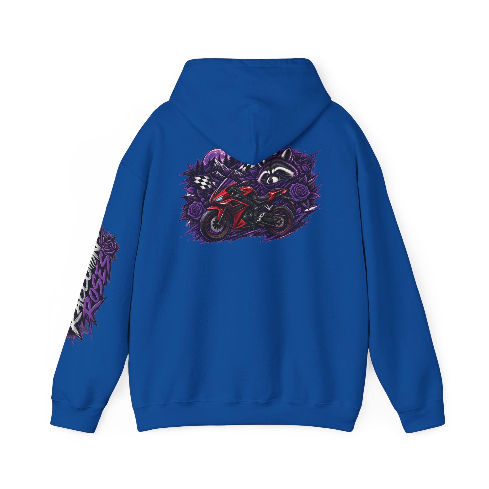 Raccoon Roadsters Motorcycle Graphic Hoodie — Retro Purple Rider Sweatshirt