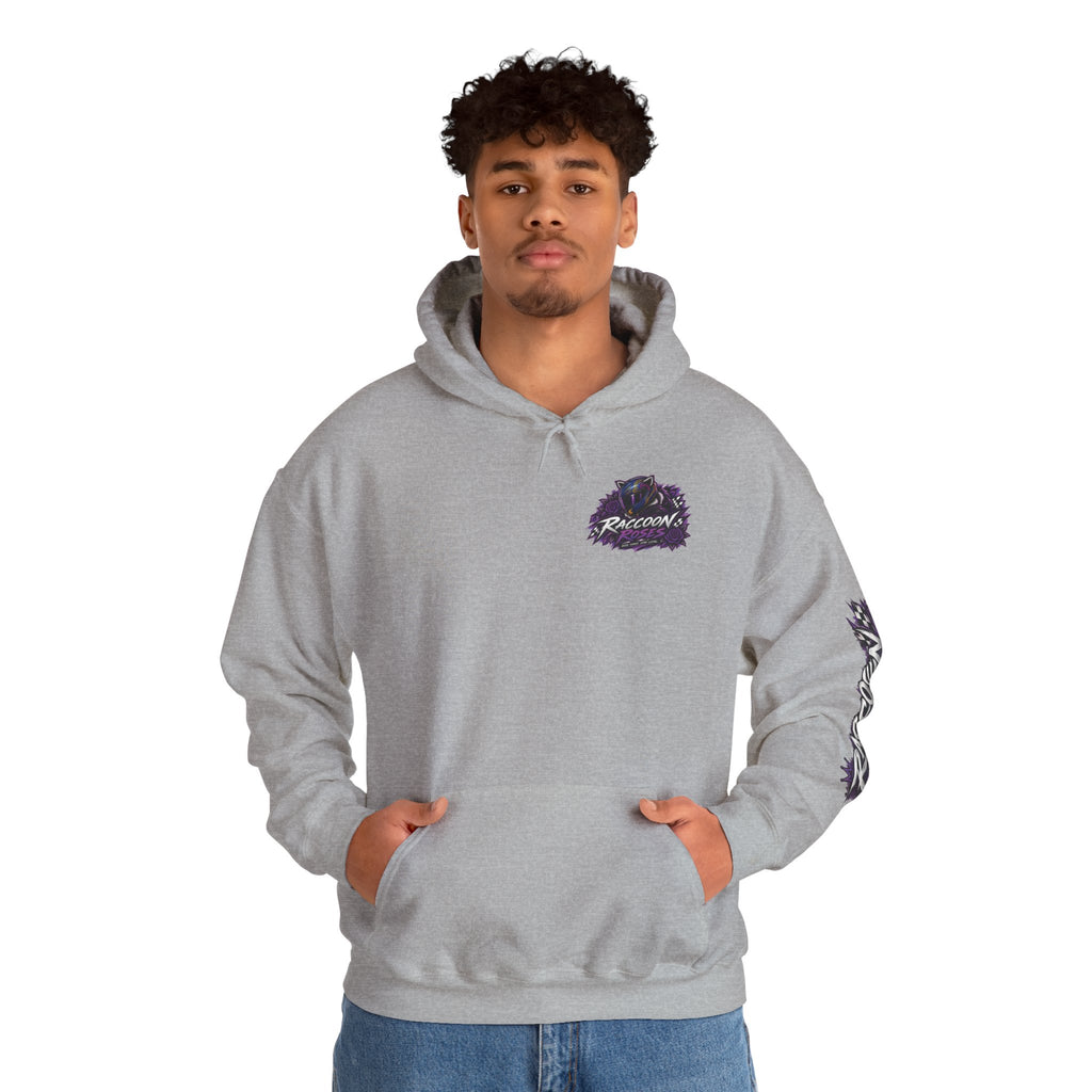 Raccoon Roadsters Motorcycle Graphic Hoodie — Retro Purple Rider Sweatshirt