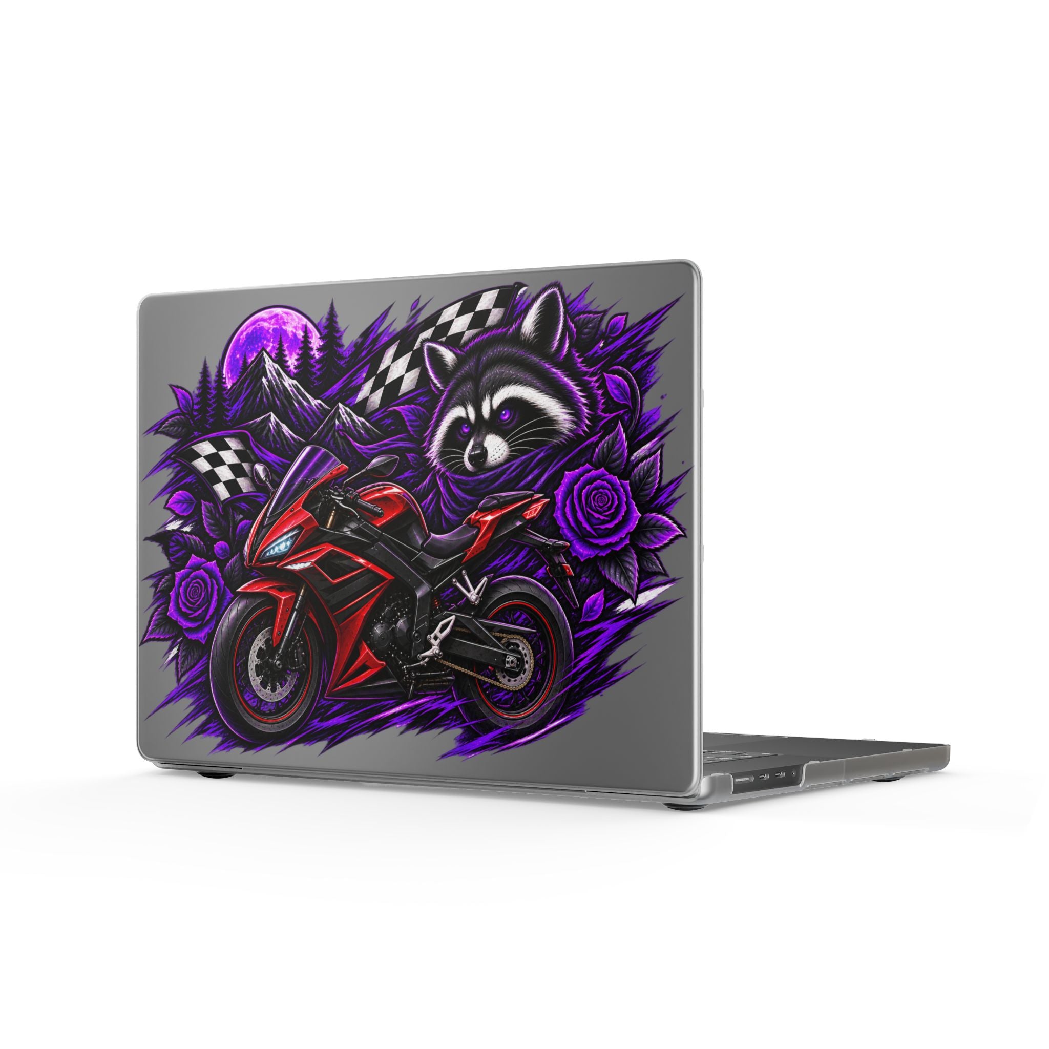 Raccoon Rider Matte MacBook Case — Purple Motorcycle Skull & Roses Laptop Cover