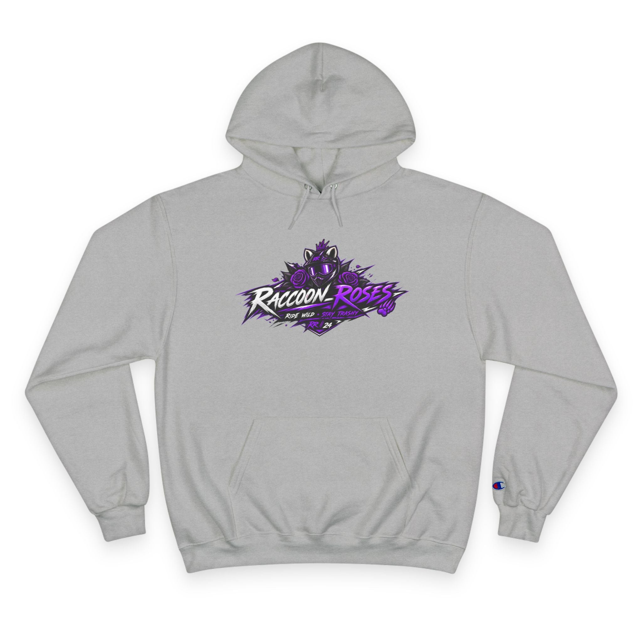 Raccoon Roses Hoodie — Bold Purple Graphic Streetwear Champion Hoodie