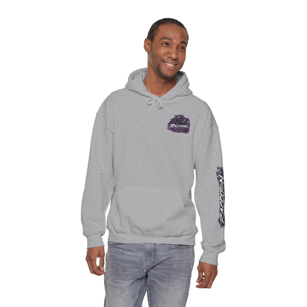Raccoon Roadsters Motorcycle Graphic Hoodie — Retro Purple Rider Sweatshirt