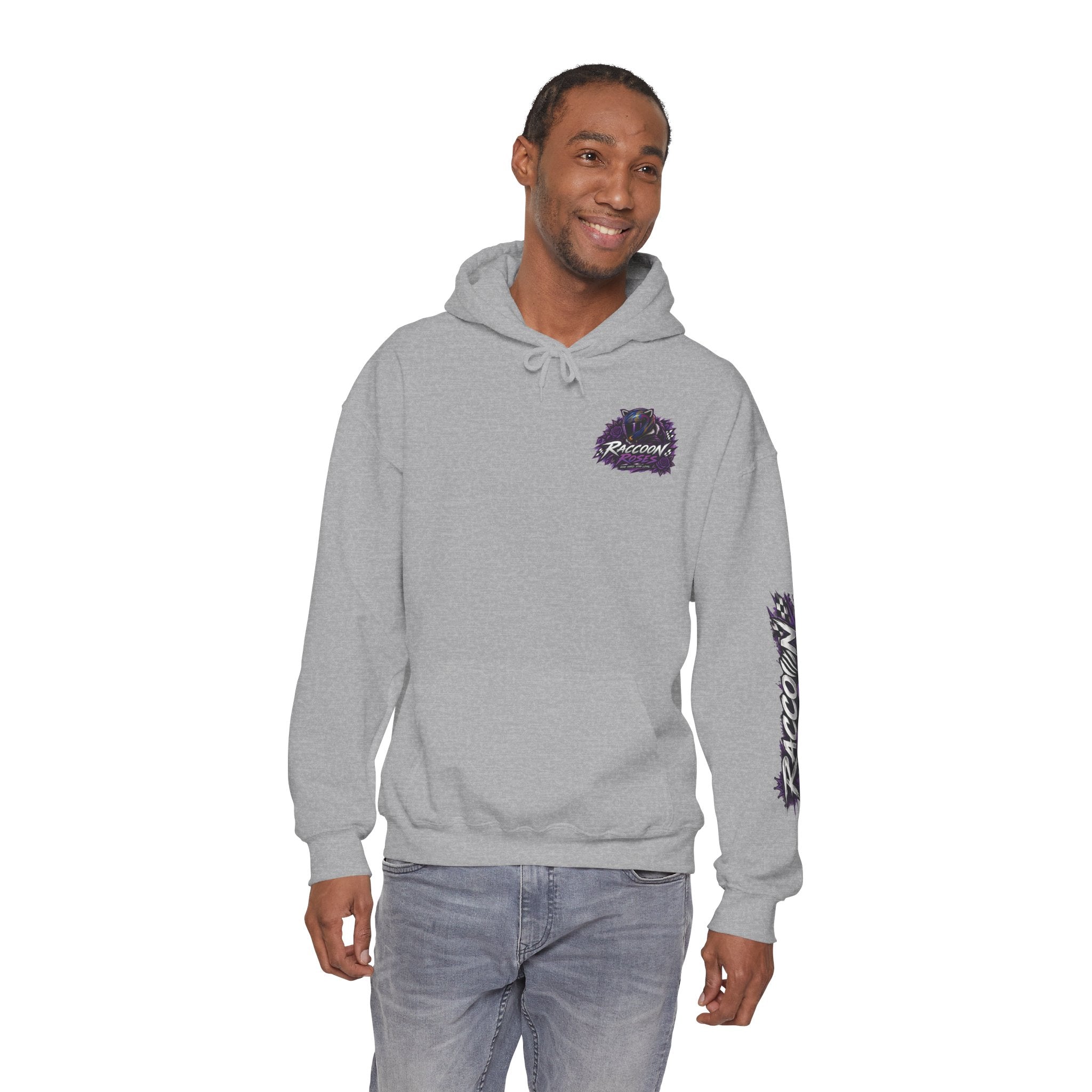 Raccoon Roadsters Motorcycle Graphic Hoodie — Retro Purple Rider Sweatshirt