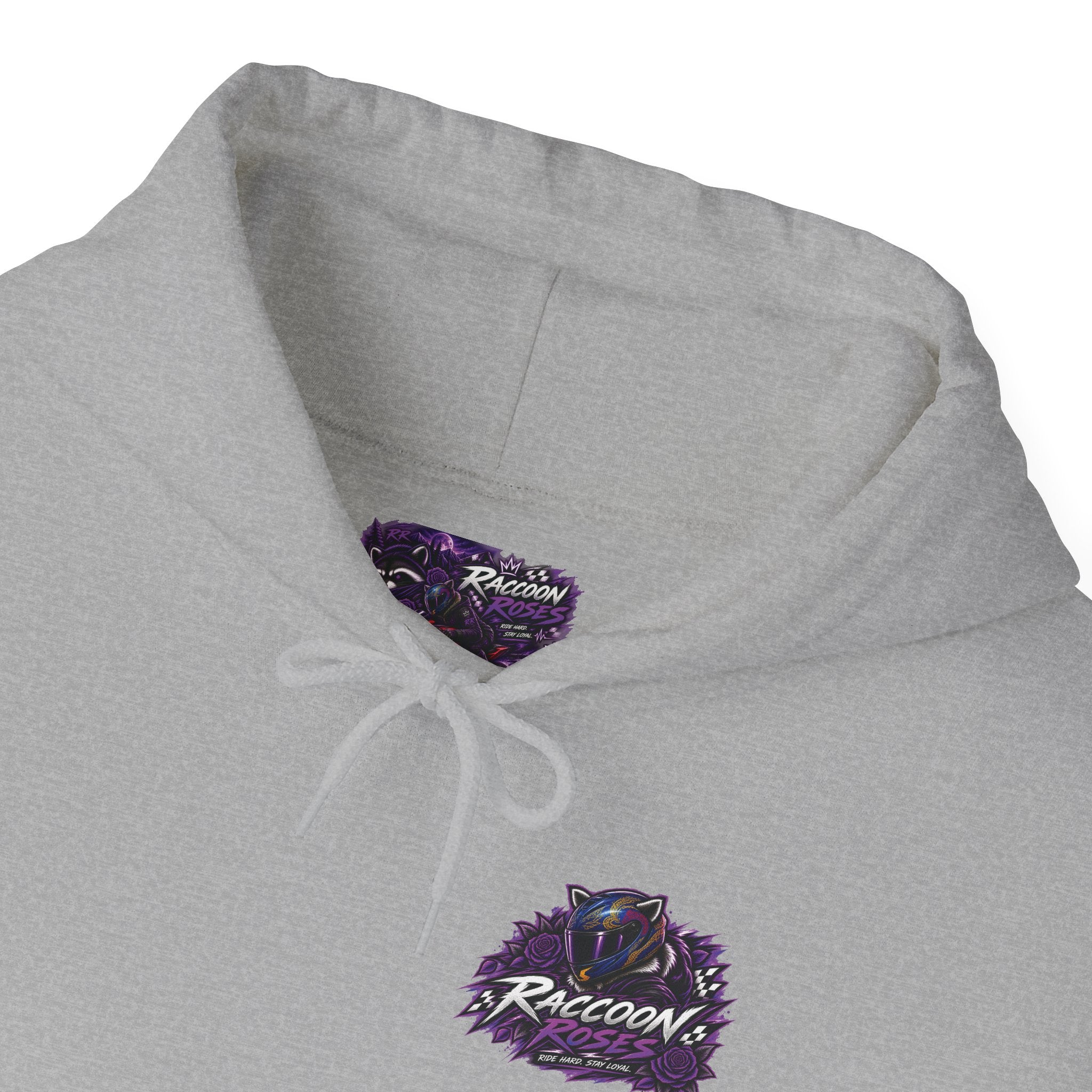 Raccoon Roadsters Motorcycle Graphic Hoodie — Retro Purple Rider Sweatshirt