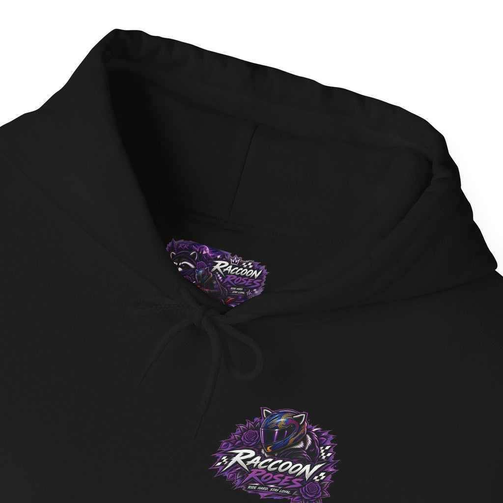 Raccoon Roadsters Motorcycle Graphic Hoodie — Retro Purple Rider Sweatshirt