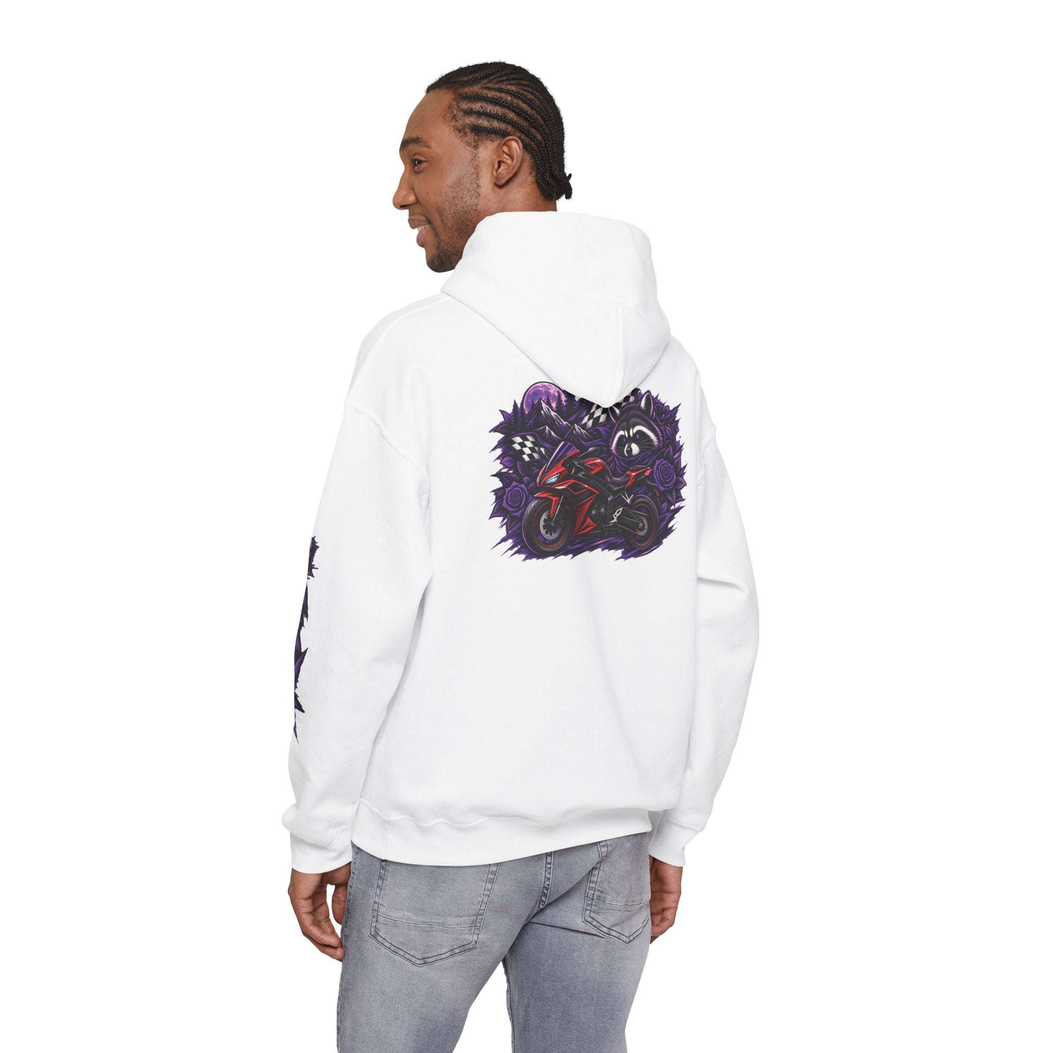 Raccoon Roadsters Motorcycle Graphic Hoodie — Retro Purple Rider Sweatshirt