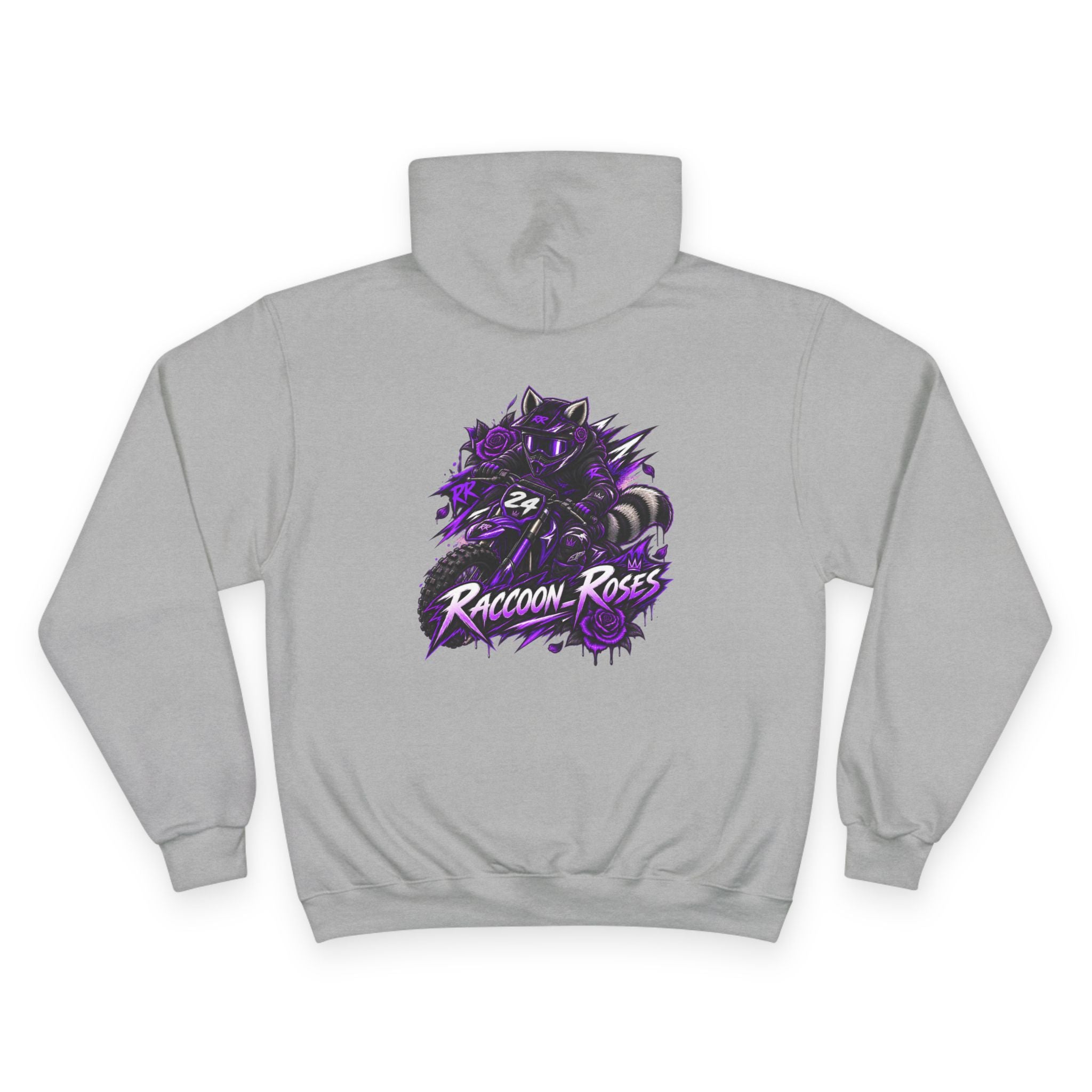 Raccoon Roses Hoodie — Bold Purple Graphic Streetwear Champion Hoodie